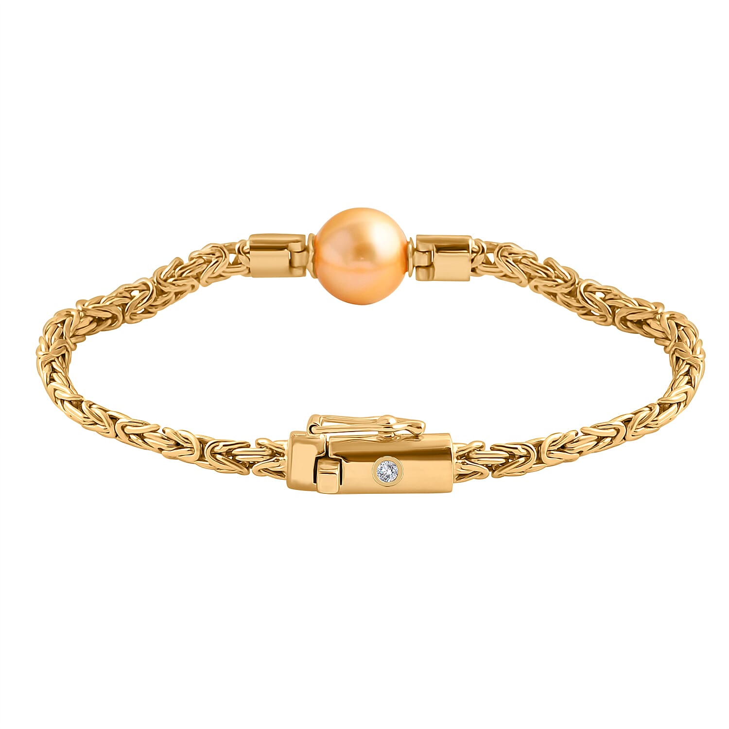 First Time Ever - Golden South Sea Pearl (11-12mm) Byzantine Bracelet (Size - 7) With Lab Grown Diamond YG Vermeil Sterling Silver First Time Ever - Golden South Sea Pearl (11-12mm) Byzantine Bracelet (Size - 7) With Lab Grown Diamond YG Vermeil Sterling Silver