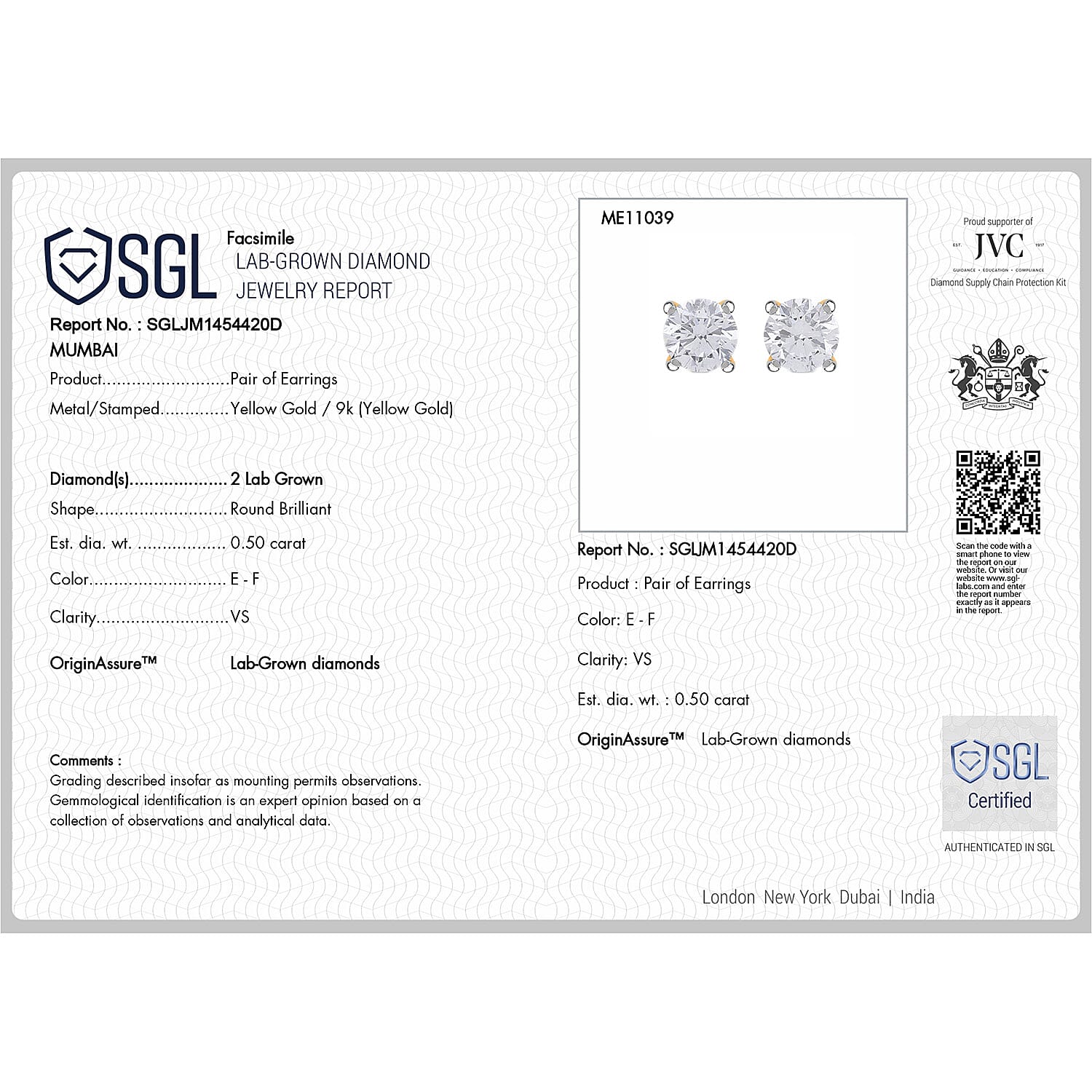 Luxuriant 9K Yellow Gold Lab Grown Diamond SGL Certified (VS-EF) Stud Earrings with Push Back 0.50 Cts Luxuriant 9K Yellow Gold Lab Grown Diamond SGL Certified (VS-EF) Stud Earrings with Push Back 0.50 Cts