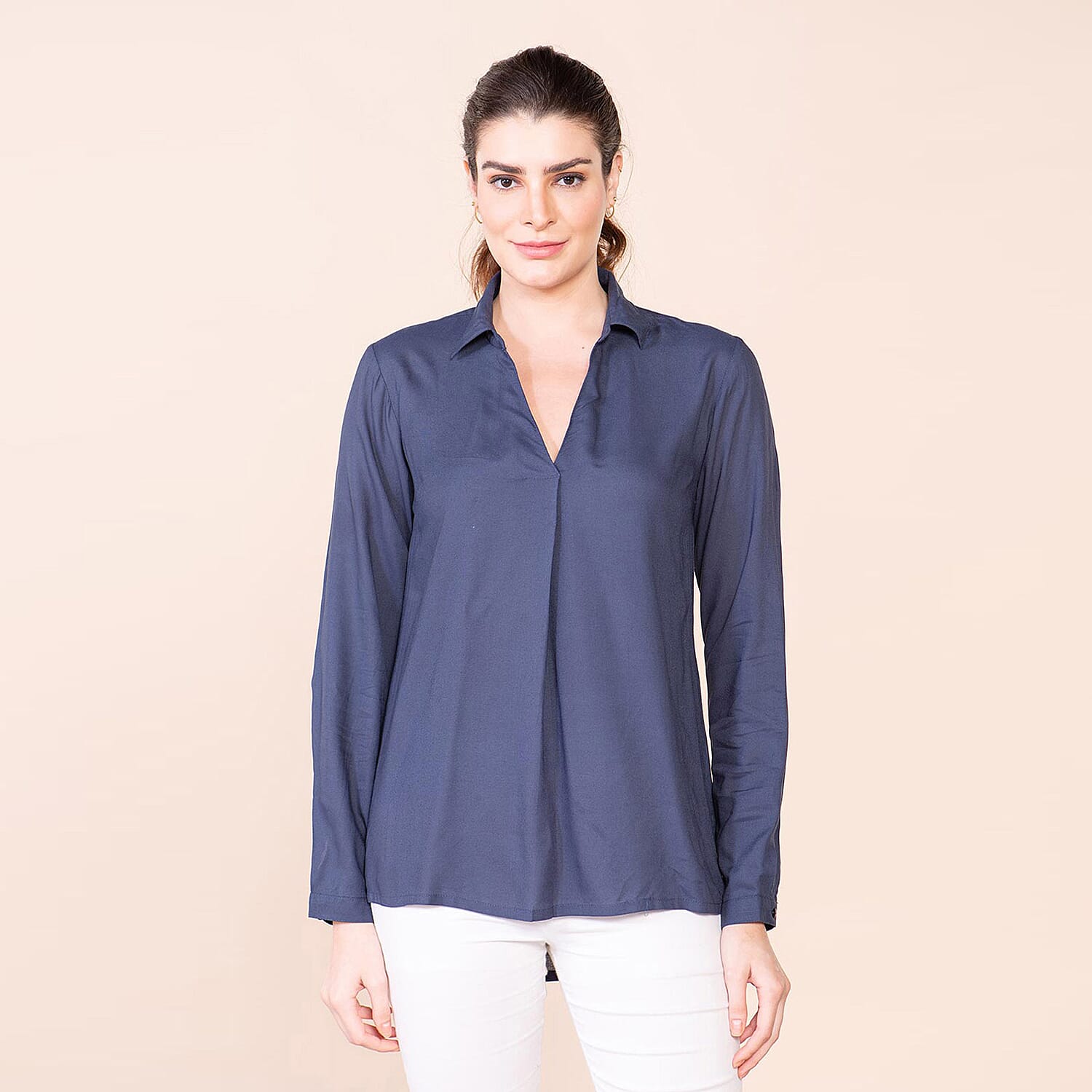 TAMSY 100% Viscose Long Sleeves Shirt (Size L) - Navy