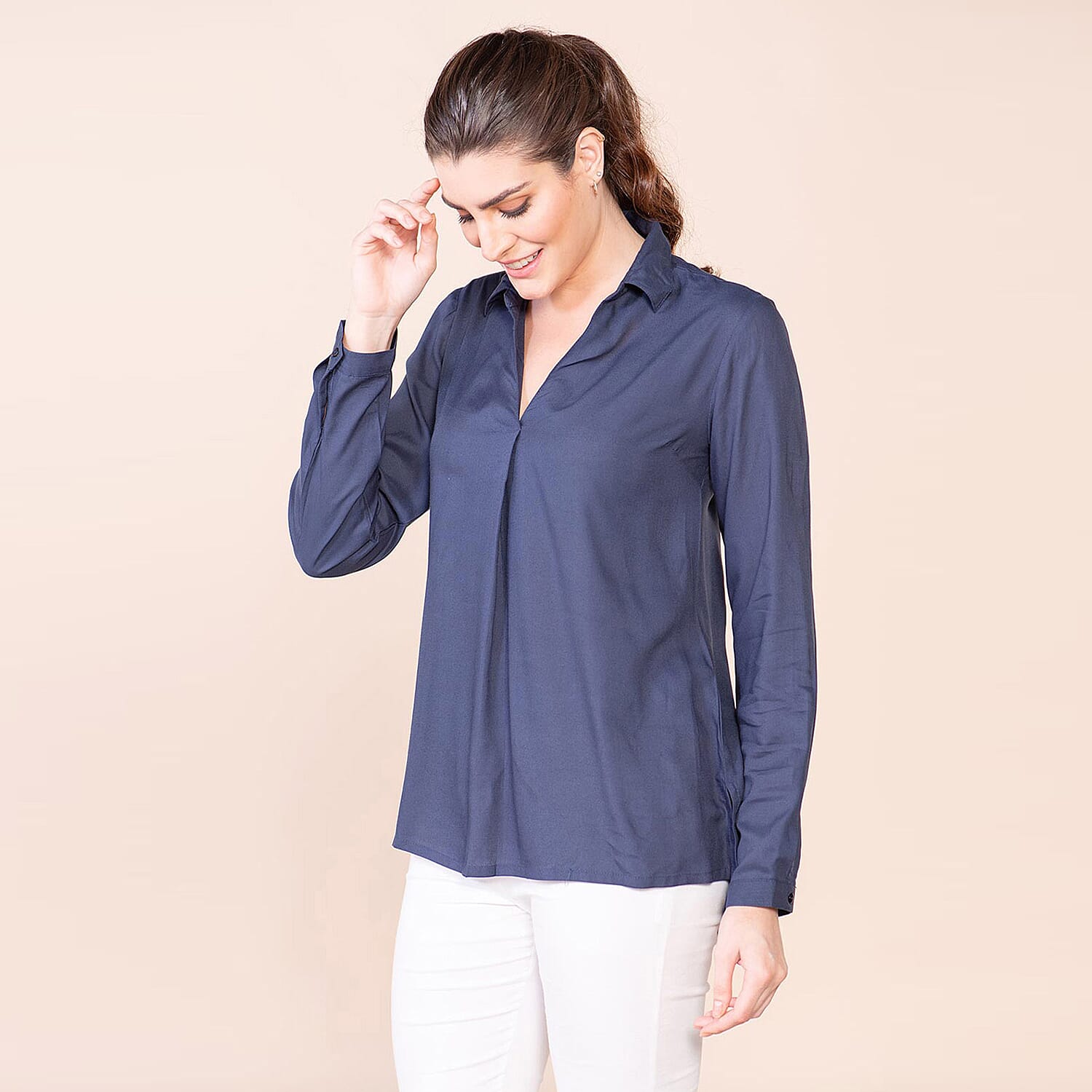 TAMSY 100% Viscose Long Sleeves Shirt (Size L) - Navy