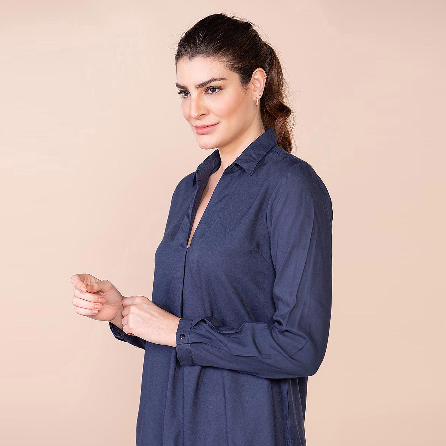 TAMSY 100% Viscose Long Sleeves Shirt (Size L) - Navy