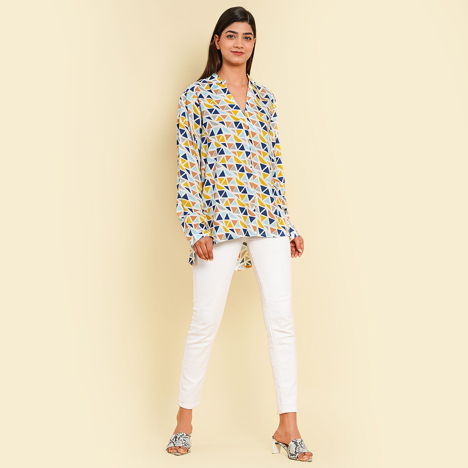 TAMSY 100% Viscose Printed Long Sleeve Shirt (Size M, 12-14) - White