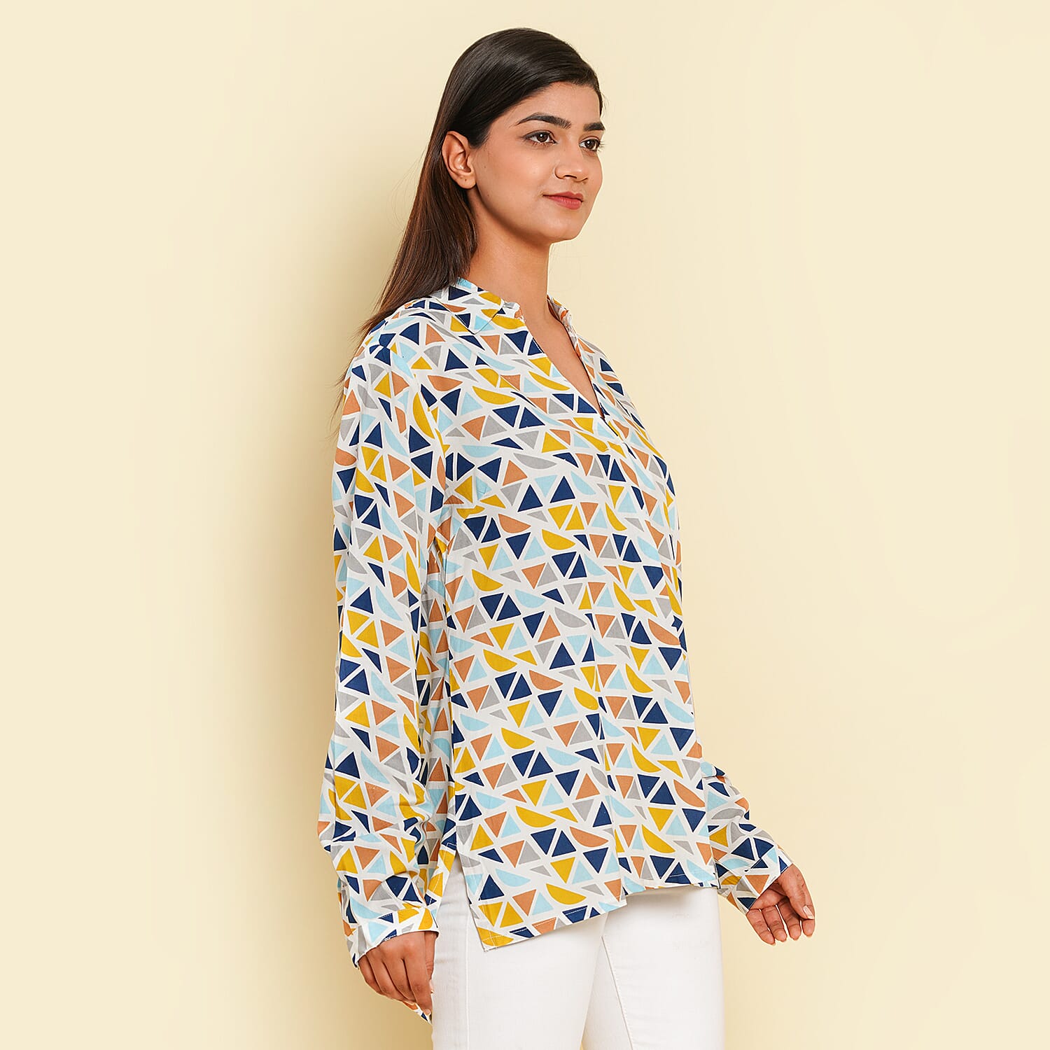 TAMSY 100% Viscose Printed Long Sleeve Shirt (Size M, 12-14) - White