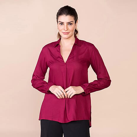 TAMSY 100% Viscose Long Sleeves Shirt (Size M) - Maroon