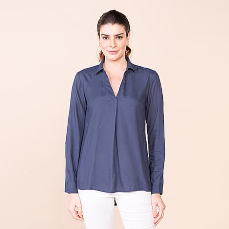 TAMSY 100% Viscose Long Sleeves Shirt (Size S) - Navy