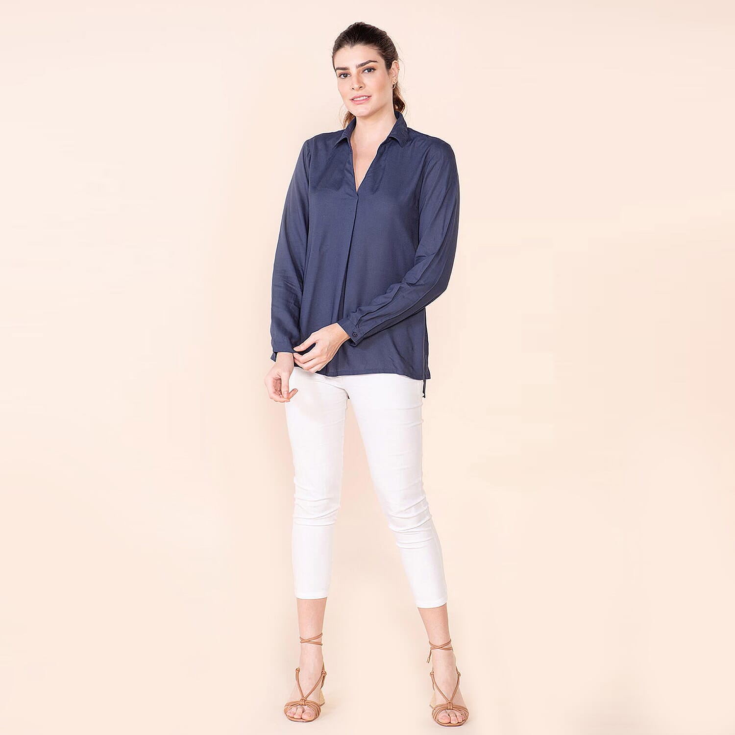 TAMSY 100% Viscose Long Sleeve Shirt - Navy