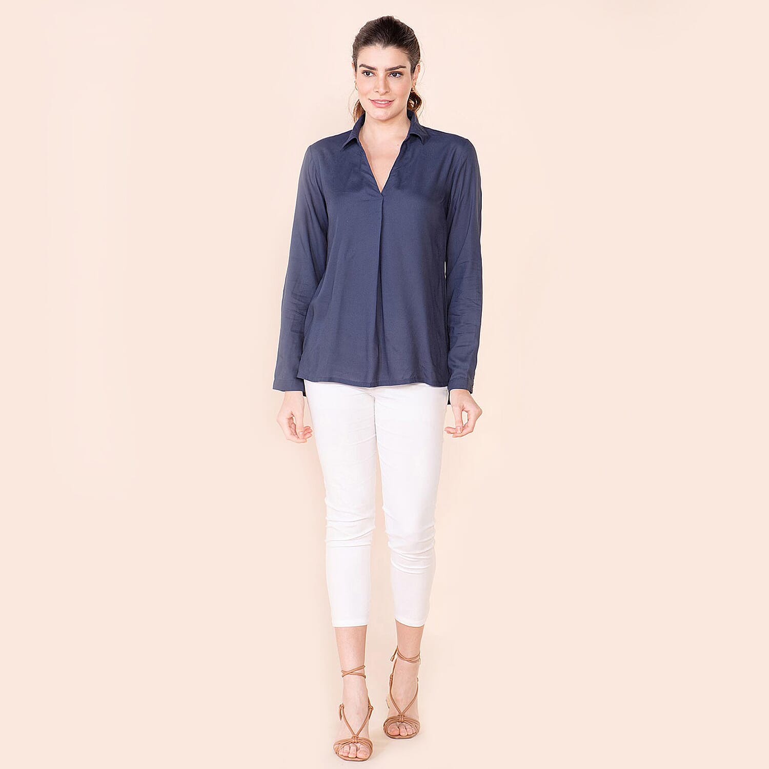 TAMSY 100% Viscose Long Sleeve Shirt - Navy
