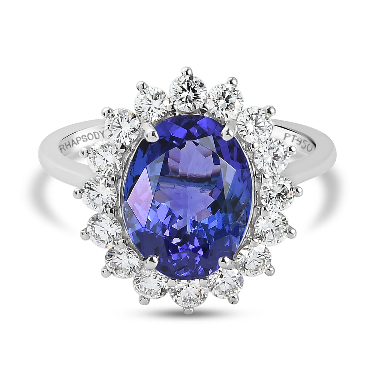 RHAPSODY 950 Platinum AAAA Tanzanite (Oval 5.00 Ct) and Diamond (VS-E-F) Rnd 1.00 Ct  Ring 6.00  Ct, Platinum Wt 5.89 Gms