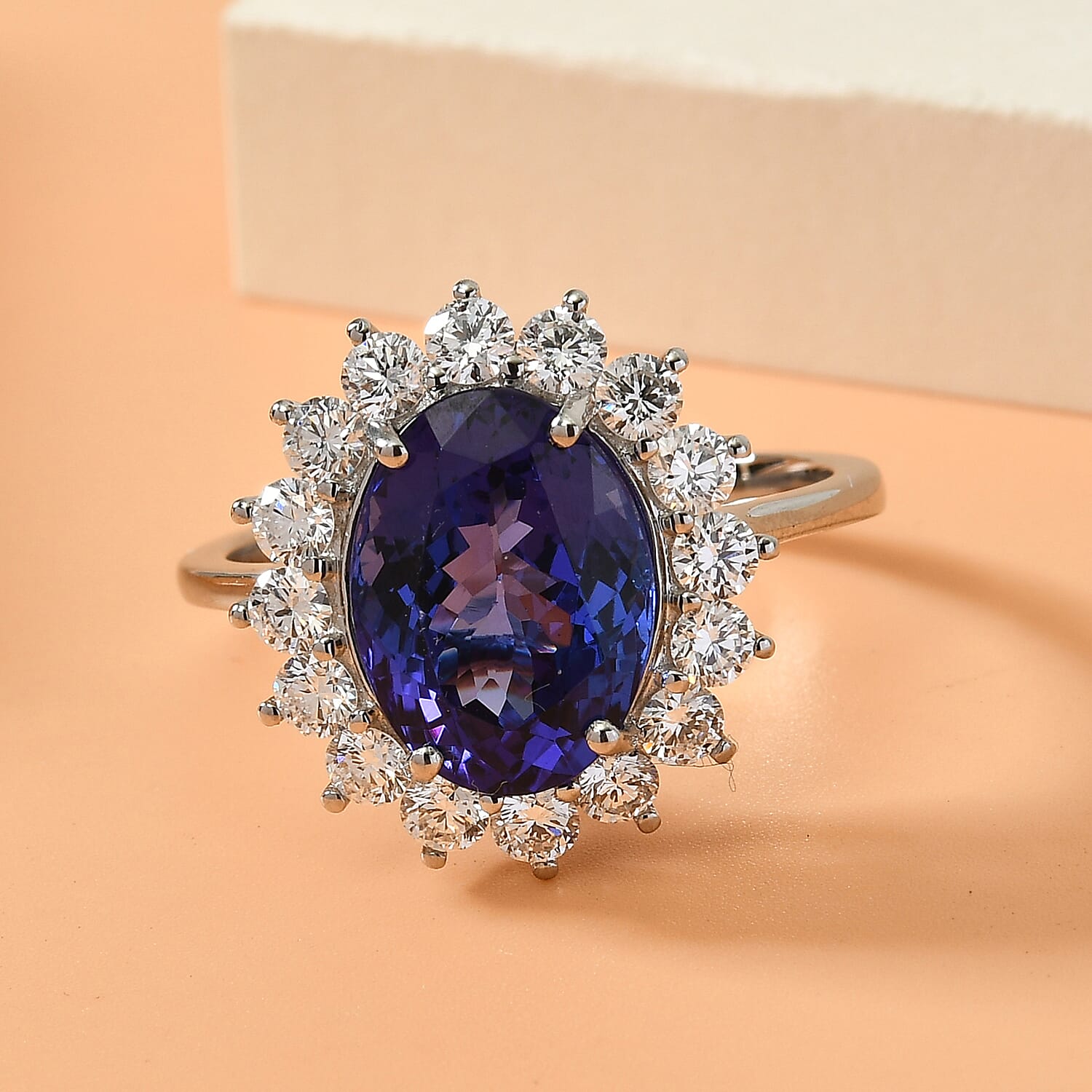 RHAPSODY 950 Platinum AAAA Tanzanite (Oval 5.00 Ct) and Diamond (VS-E-F) Rnd 1.00 Ct  Ring 6.00  Ct, Platinum Wt 5.89 Gms