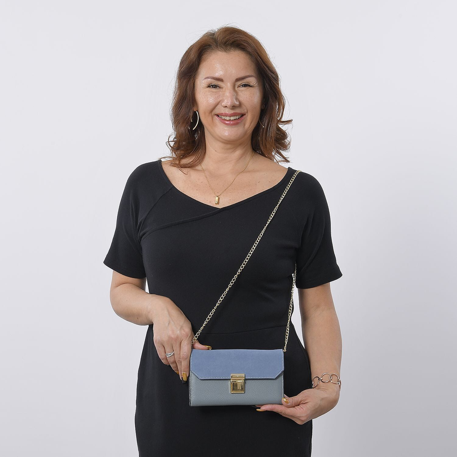 Genuine Leather RFID Protected Wallet with Chain Shoulder Strap - Blue