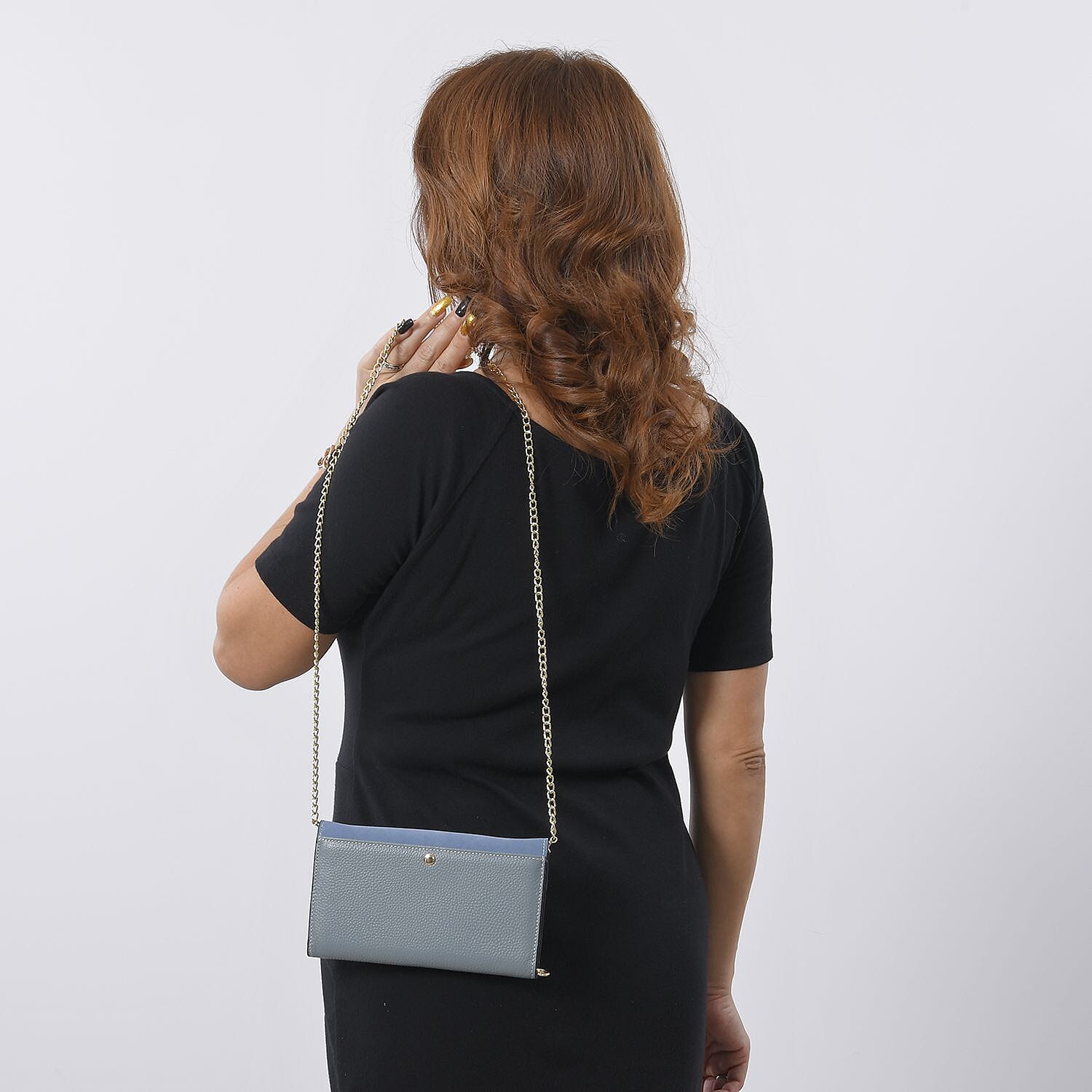 Genuine Leather RFID Protected Wallet with Chain Shoulder Strap - Blue