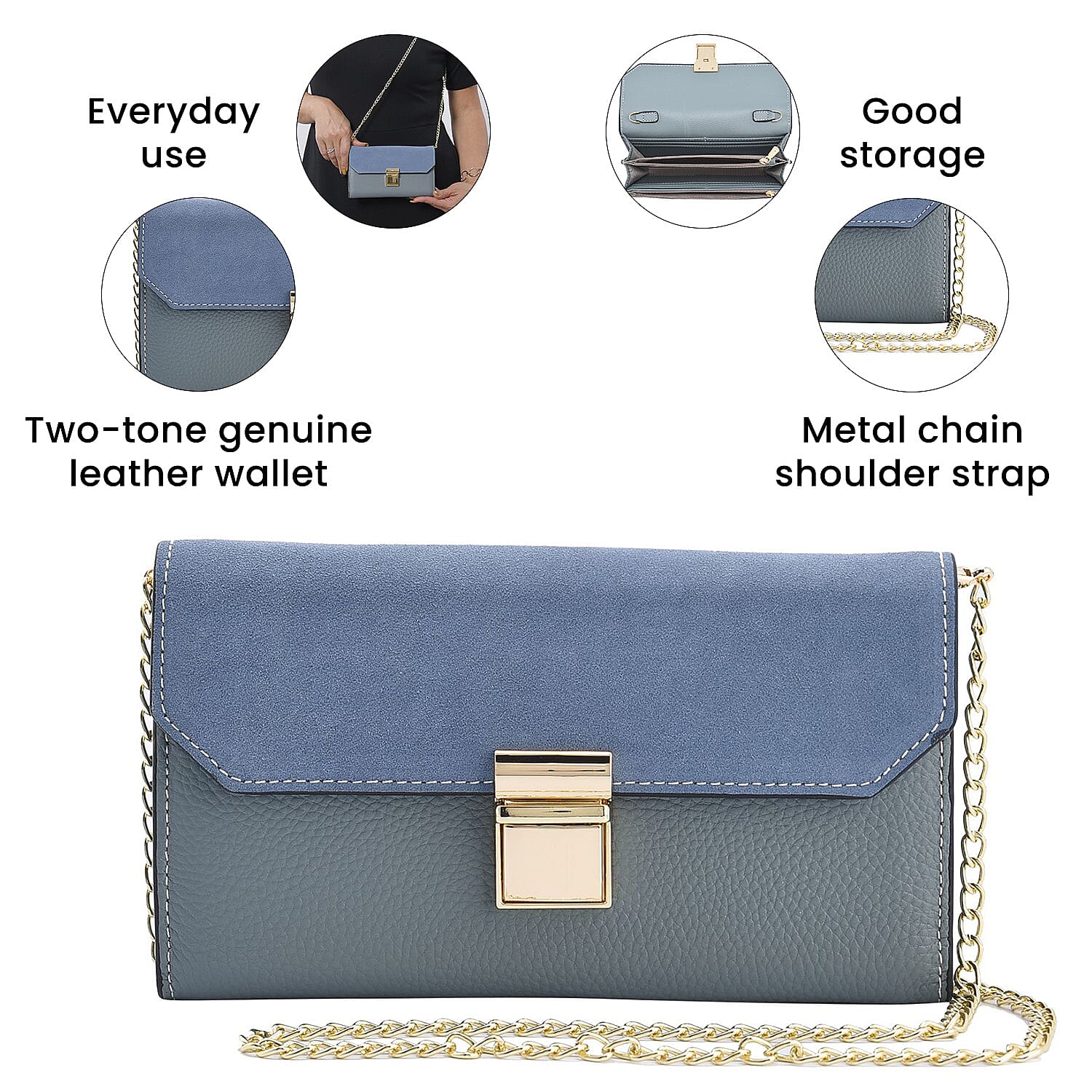 Genuine Leather RFID Protected Wallet with Chain Shoulder Strap - Blue
