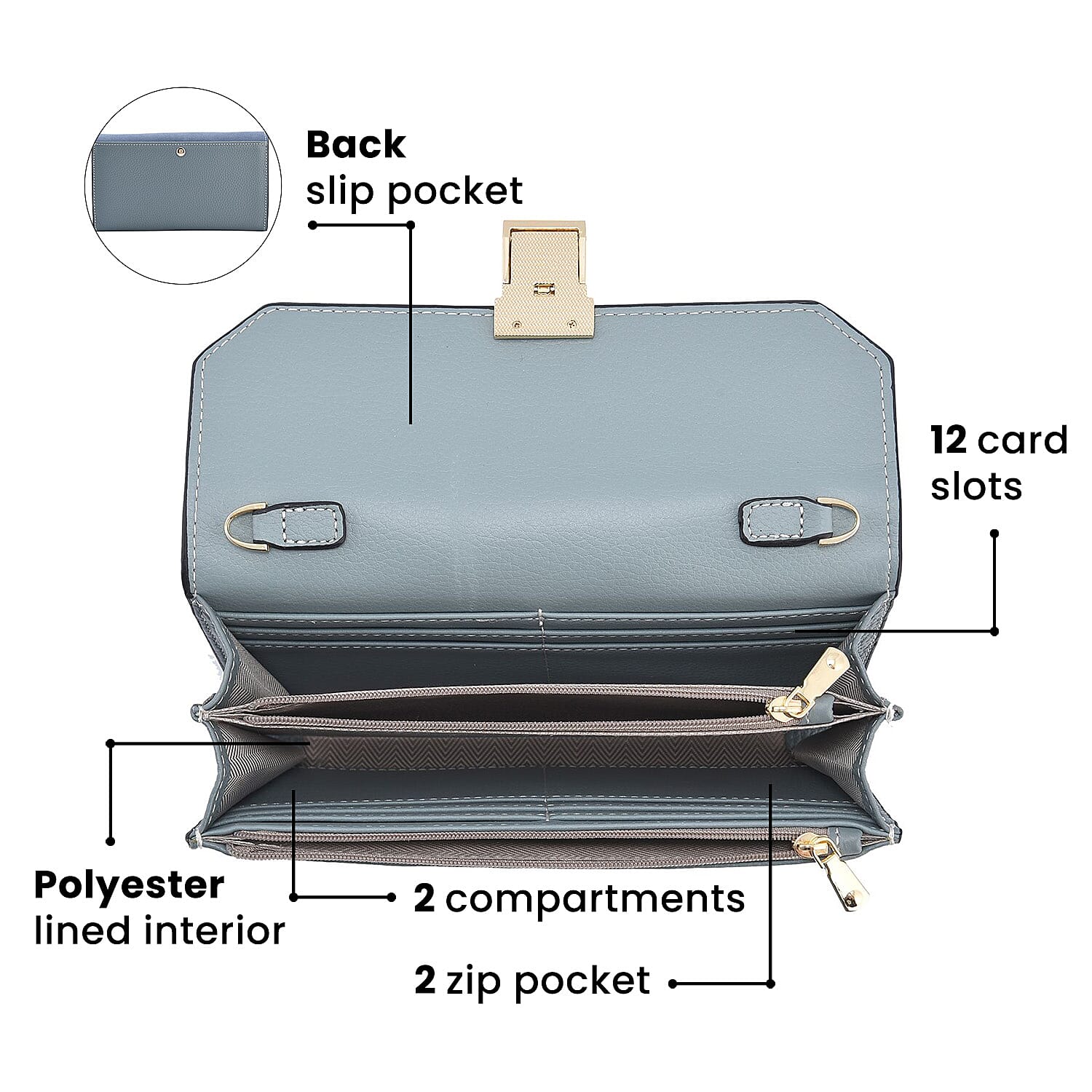 Genuine Leather RFID Protected Wallet with Chain Shoulder Strap - Blue