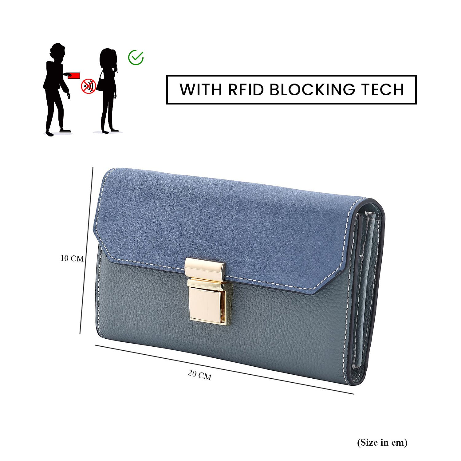 Genuine Leather RFID Protected Wallet with Chain Shoulder Strap - Blue