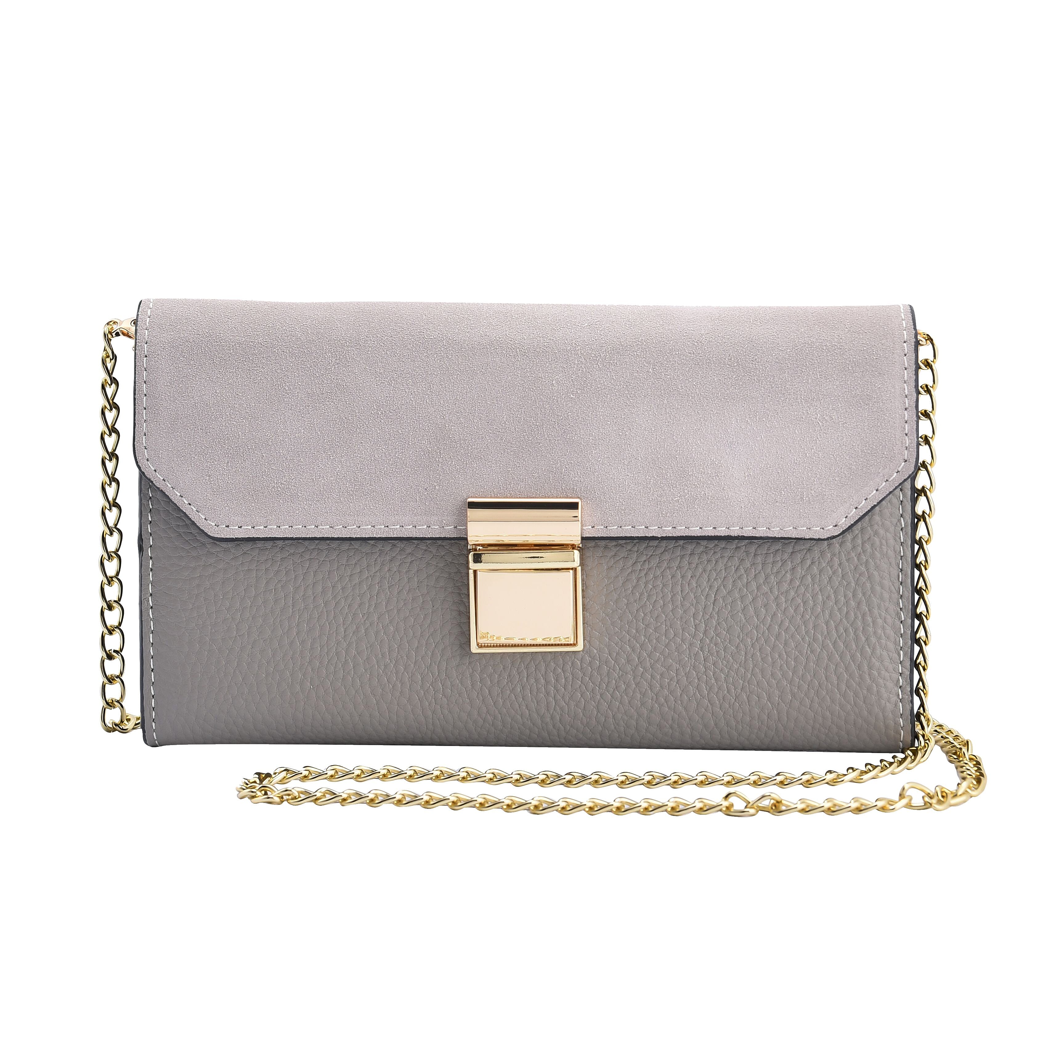 100% Genuine Leather Clutch Wallet with Chain Shoulder Strap & RFID Protection (Size 20x10 Cm) - Grey