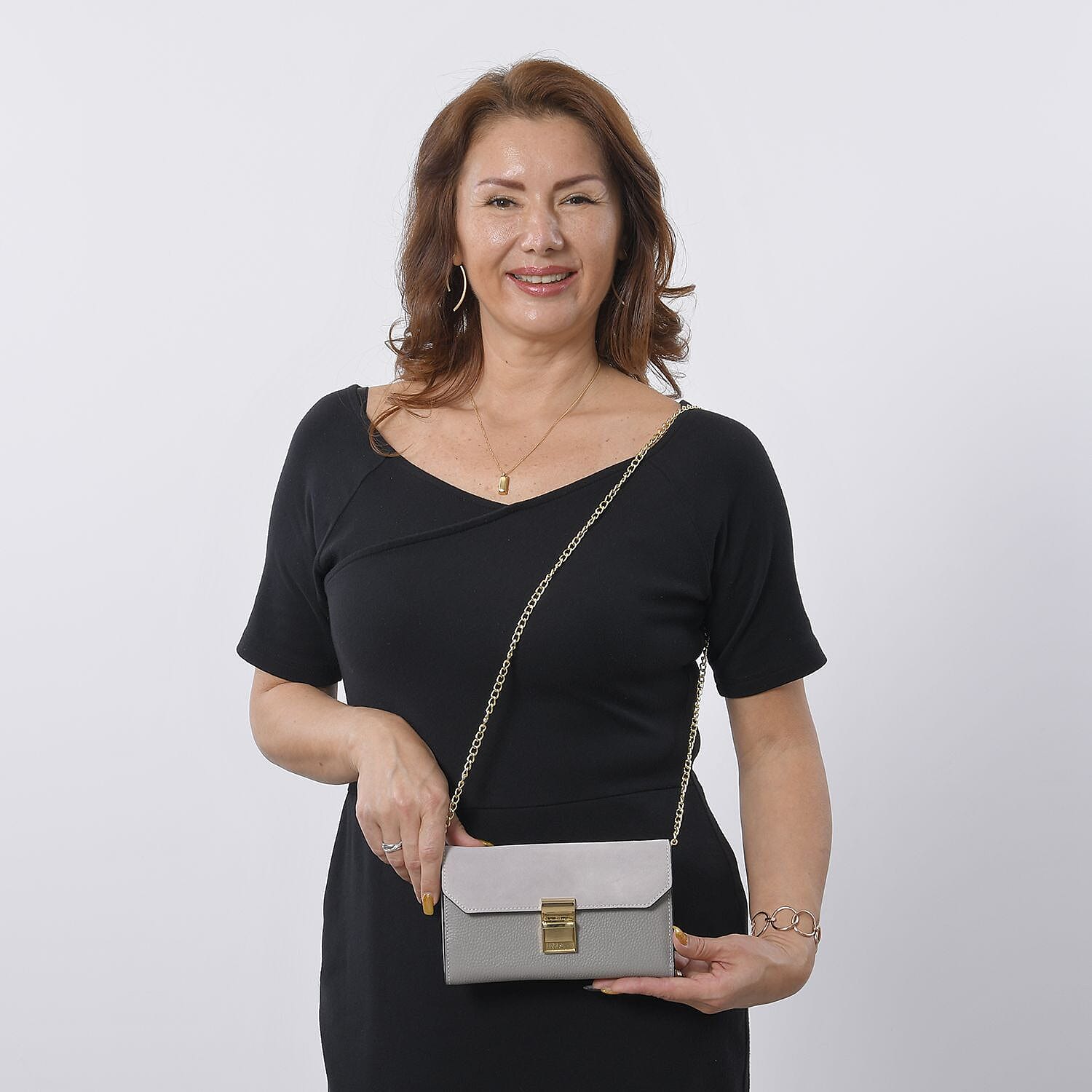 100% Genuine Leather Clutch Wallet with Chain Shoulder Strap & RFID Protection (Size 20x10 Cm) - Grey