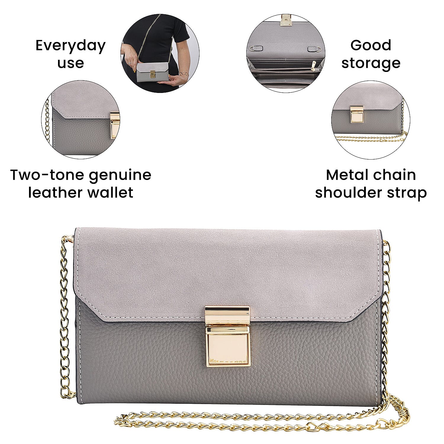 100% Genuine Leather Clutch Wallet with Chain Shoulder Strap & RFID Protection (Size 20x10 Cm) - Grey