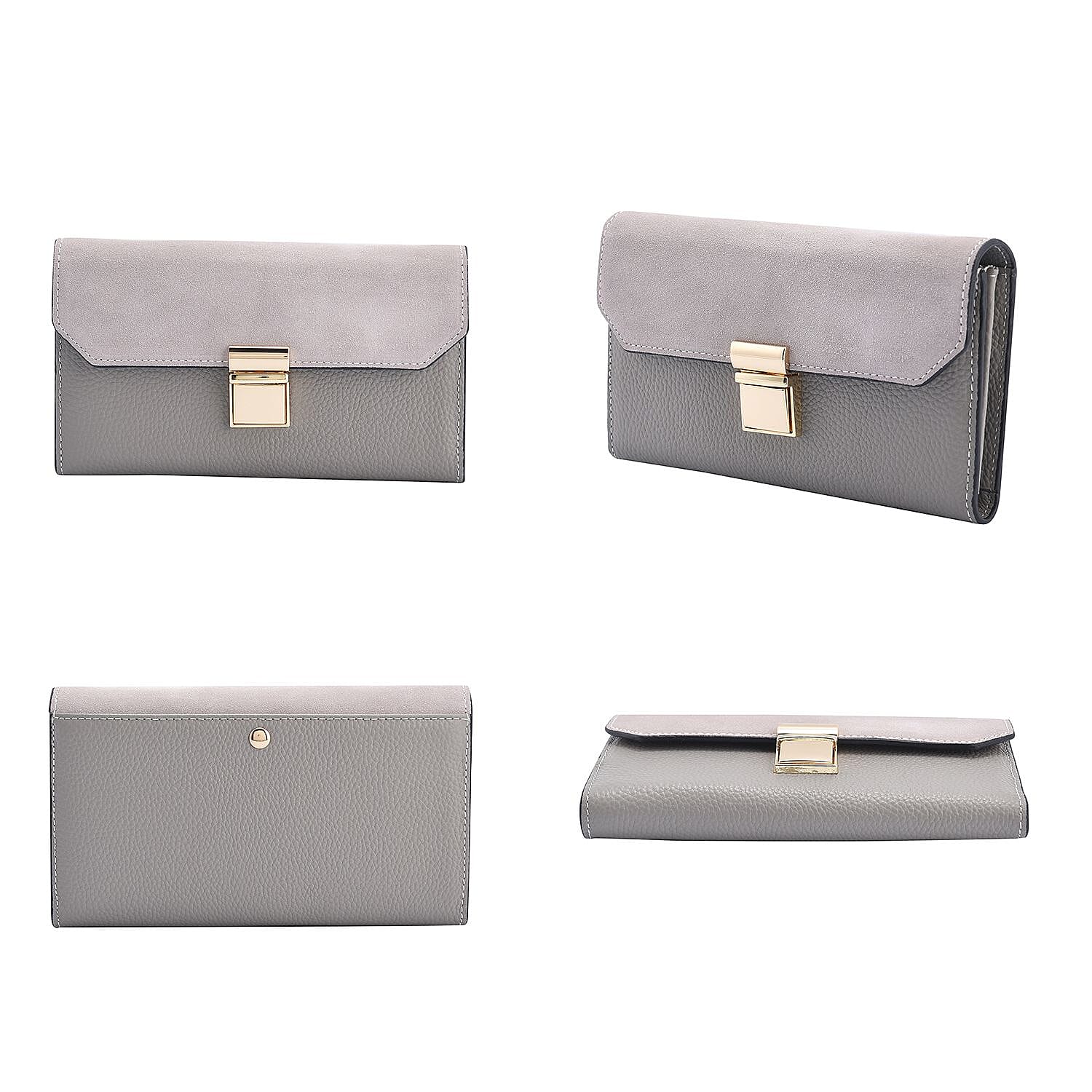 100% Genuine Leather Clutch Wallet with Chain Shoulder Strap & RFID Protection (Size 20x10 Cm) - Grey