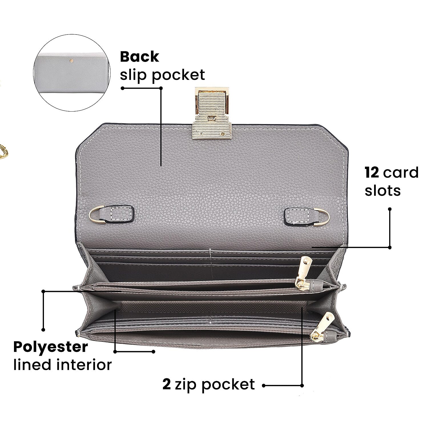 100% Genuine Leather Clutch Wallet with Chain Shoulder Strap & RFID Protection (Size 20x10 Cm) - Grey