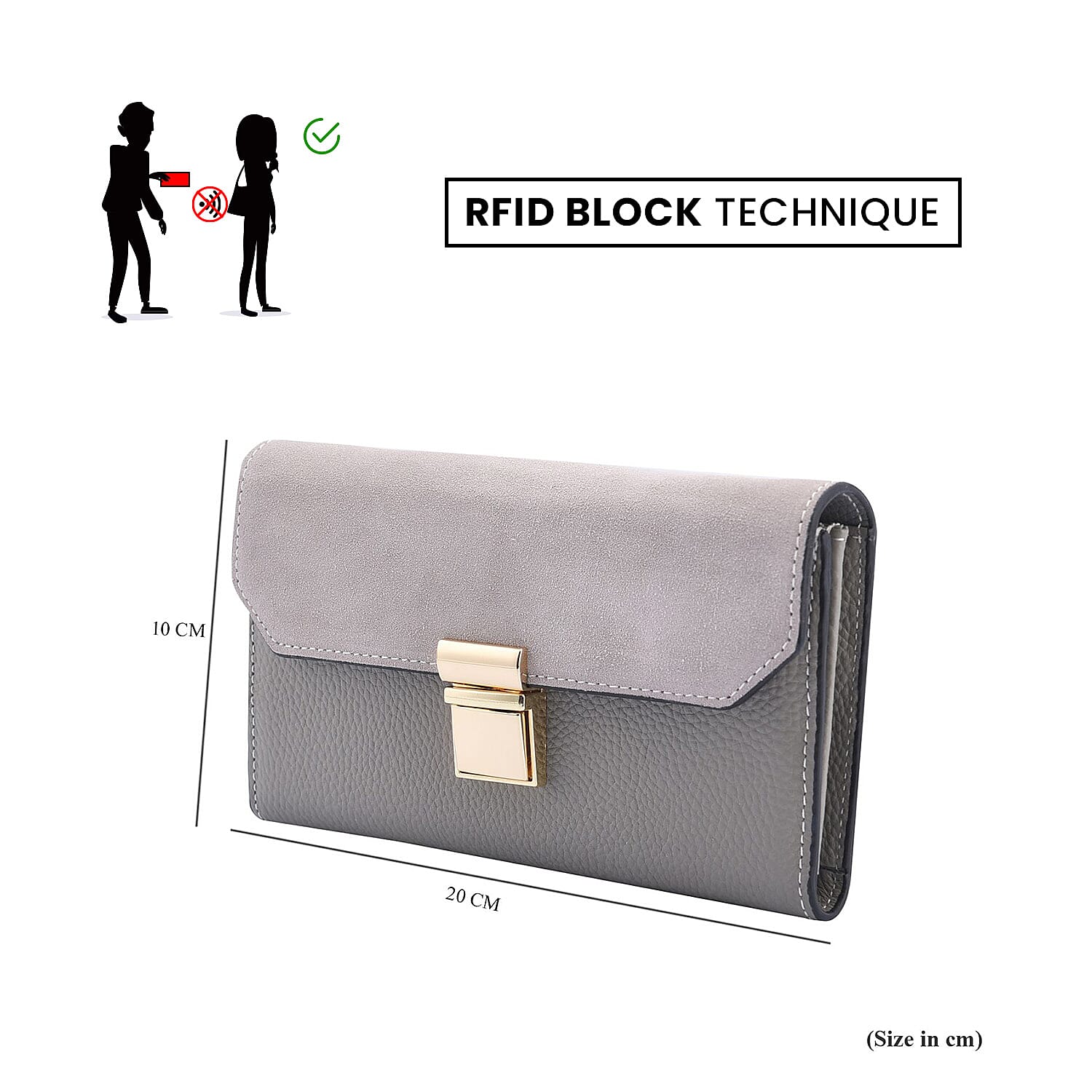 100% Genuine Leather Clutch Wallet with Chain Shoulder Strap & RFID Protection (Size 20x10 Cm) - Grey