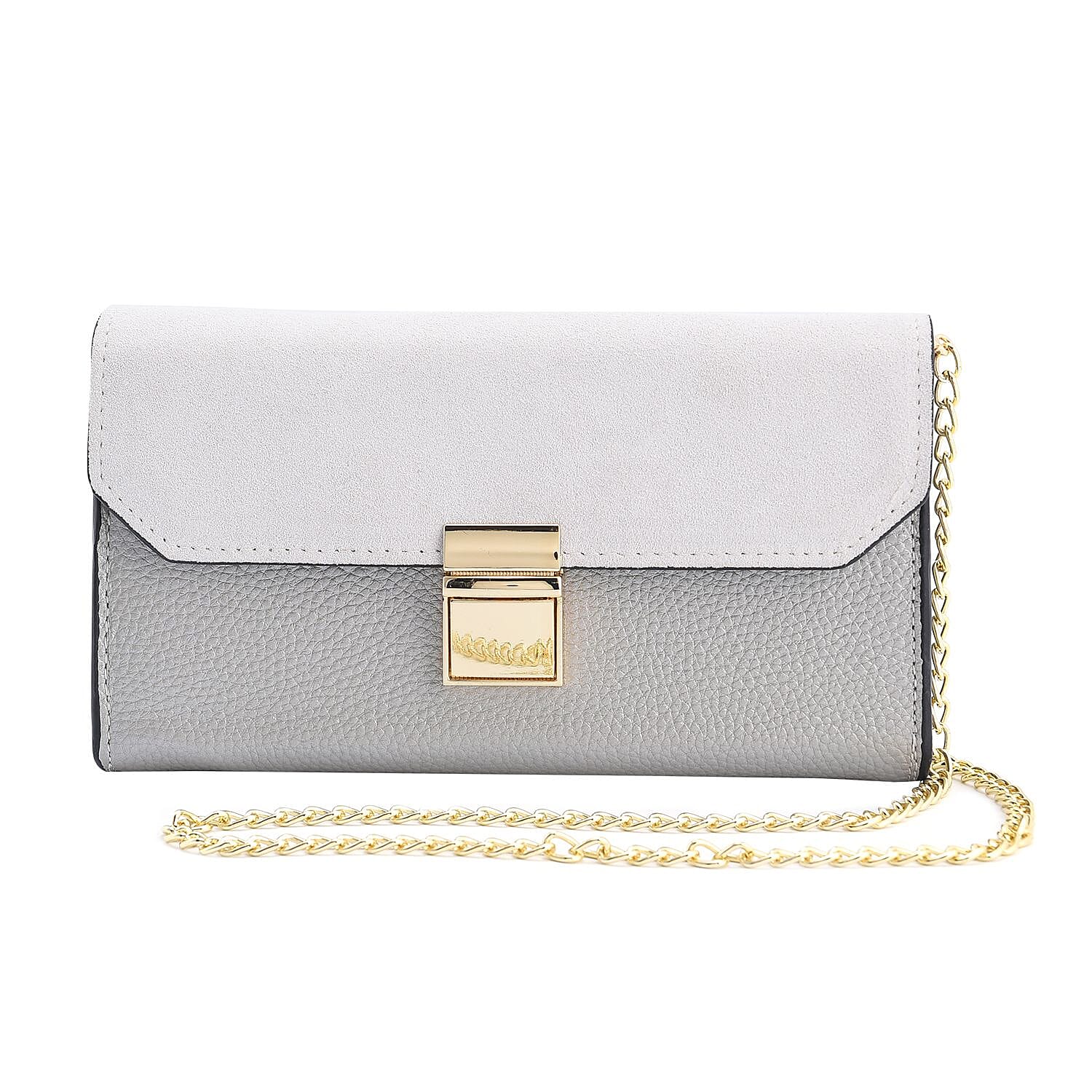 100% Genuine Leather Clutch Wallet with Chain Shoulder Strap & RFID Protection (Size 20x10 Cm) - Silver