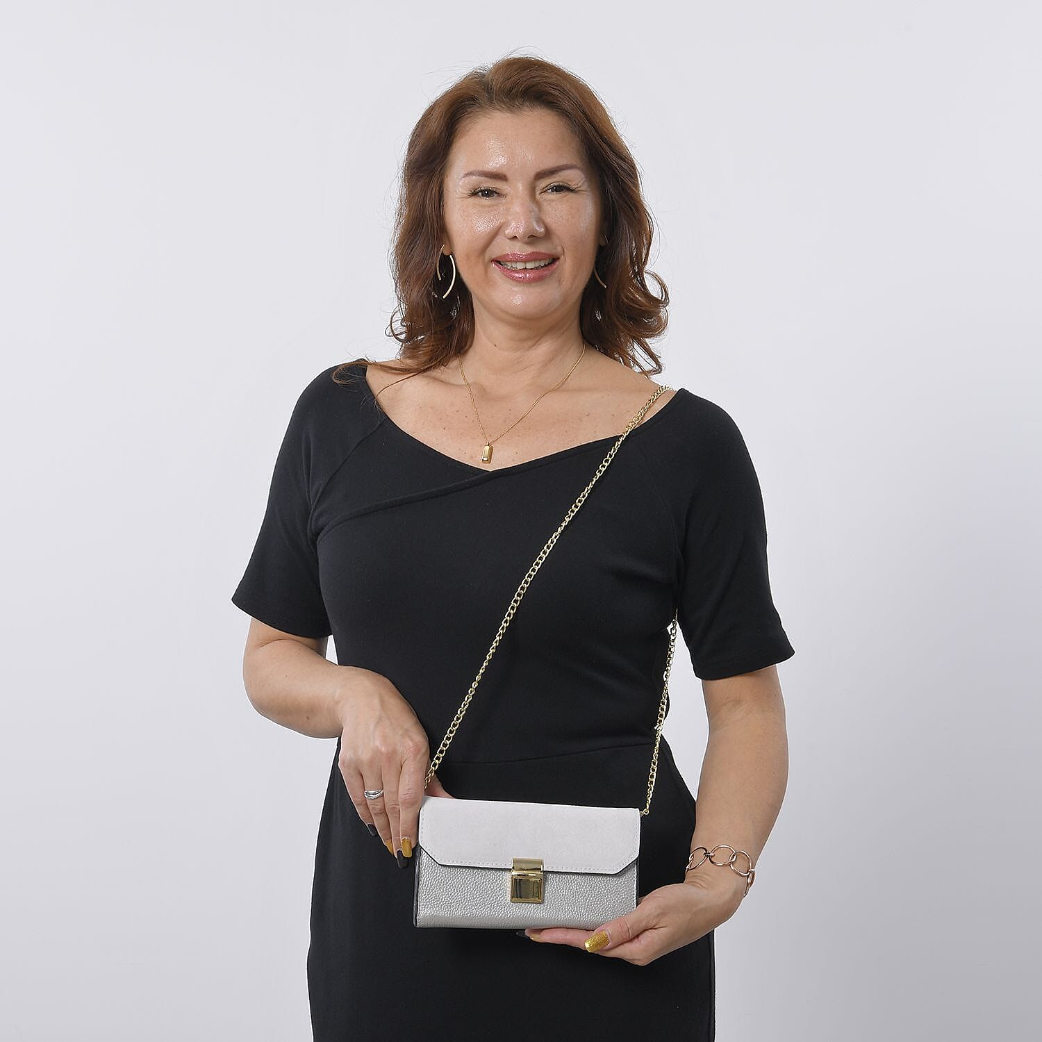 100% Genuine Leather Clutch Wallet with Chain Shoulder Strap & RFID Protection (Size 20x10 Cm) - Silver