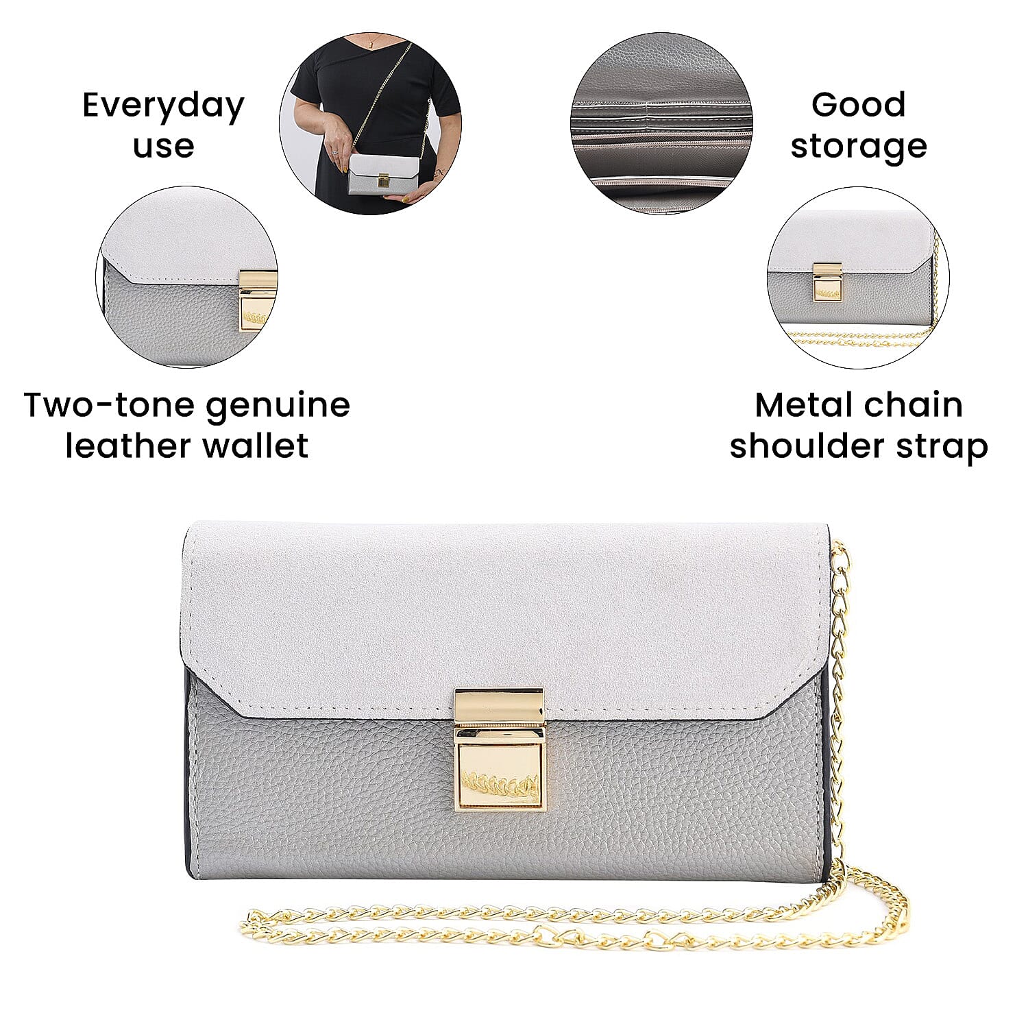 100% Genuine Leather Clutch Wallet with Chain Shoulder Strap & RFID Protection (Size 20x10 Cm) - Silver