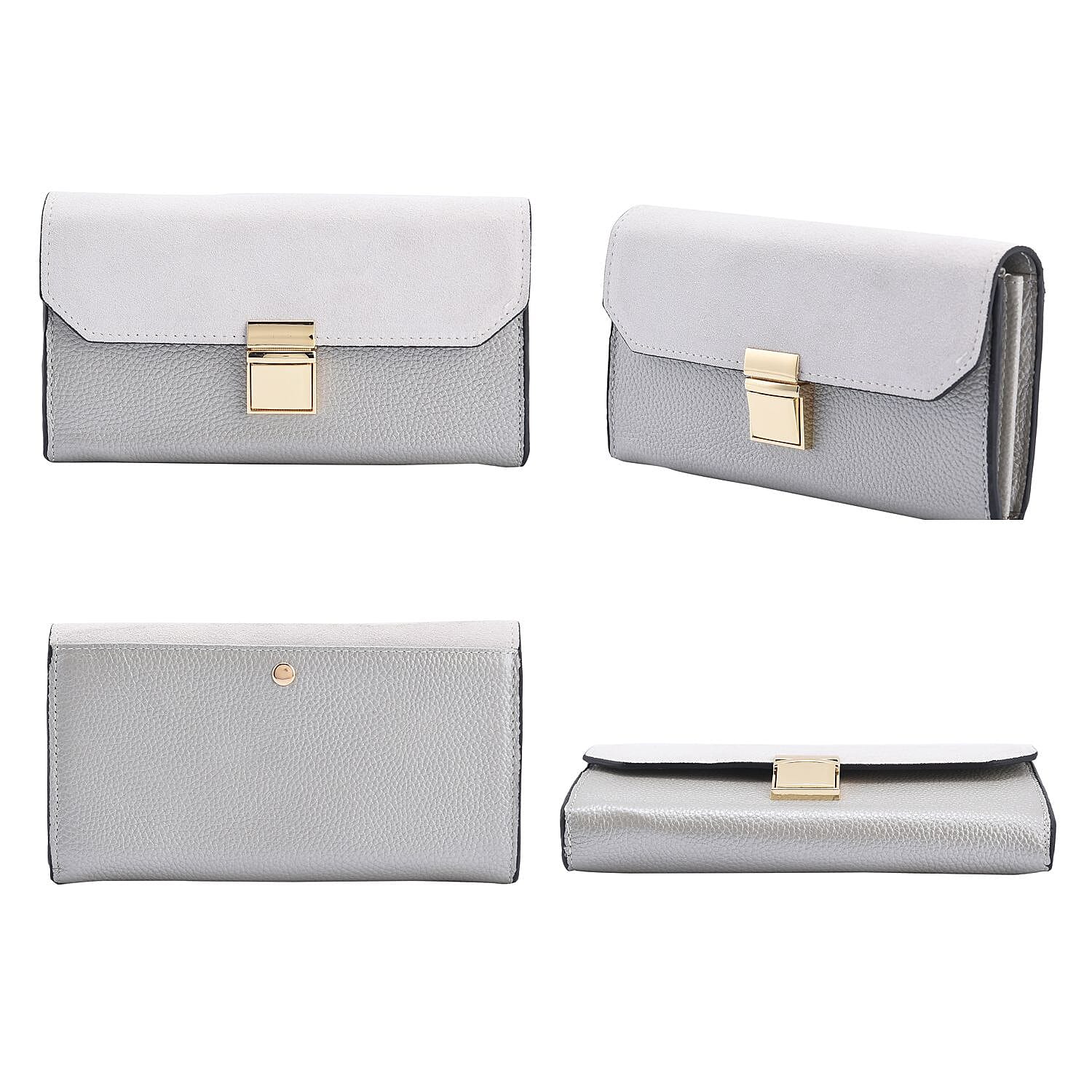 100% Genuine Leather Clutch Wallet with Chain Shoulder Strap & RFID Protection (Size 20x10 Cm) - Silver