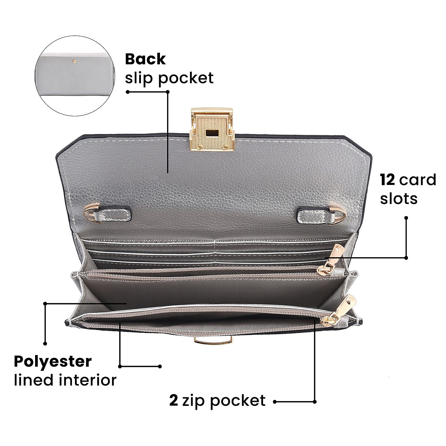 100% Genuine Leather Clutch Wallet with Chain Shoulder Strap & RFID Protection (Size 20x10 Cm) - Silver