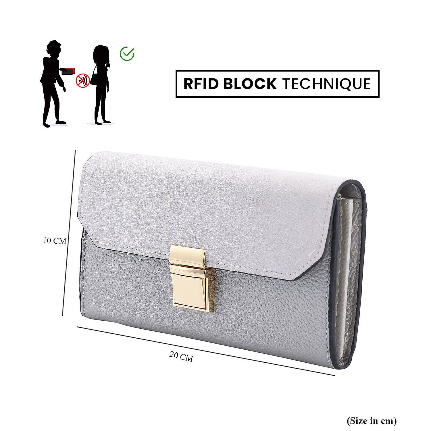 100% Genuine Leather Clutch Wallet with Chain Shoulder Strap & RFID Protection (Size 20x10 Cm) - Silver