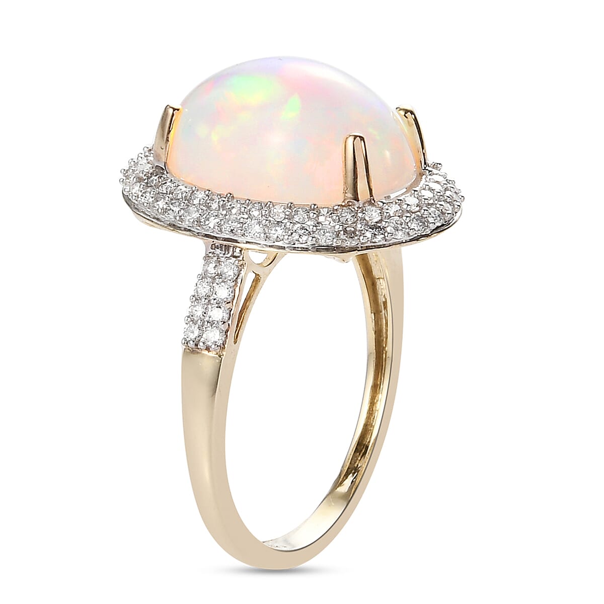 9K Yellow Gold Ethiopian Welo Opal and Diamond Halo Ring 4.38 Ct.