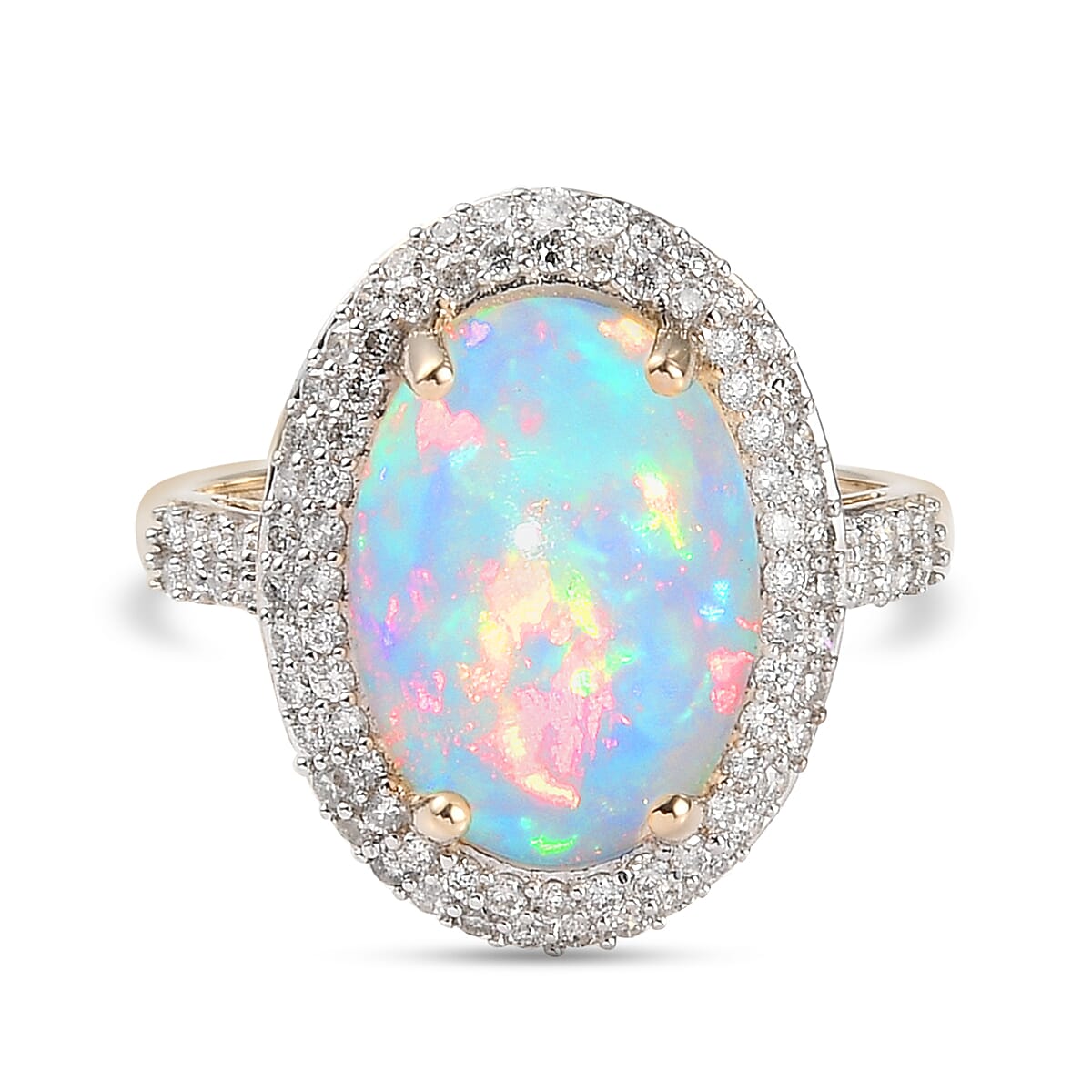 9K Yellow Gold Ethiopian Welo Opal and Diamond Halo Ring 4.38 Ct.