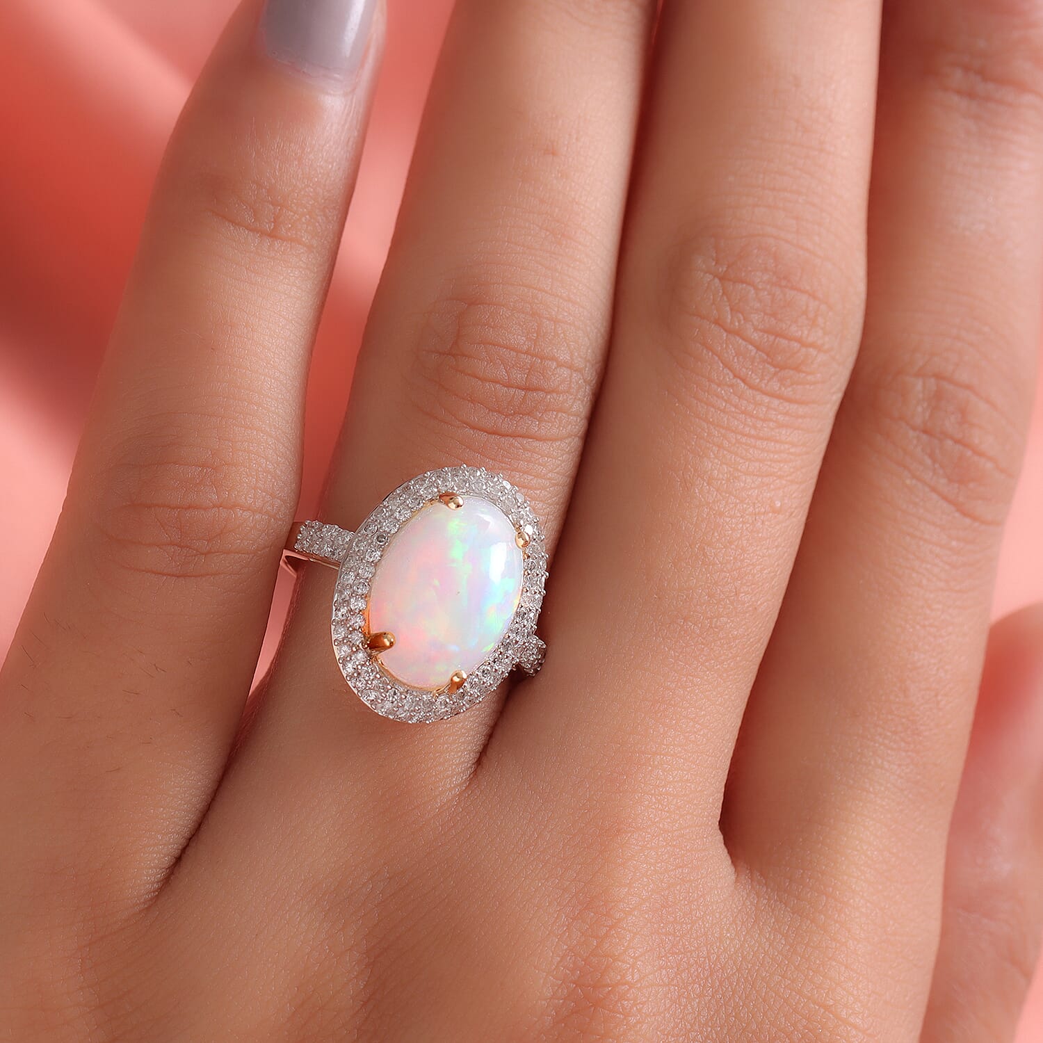 9K Yellow Gold Ethiopian Welo Opal and Diamond Halo Ring 4.38 Ct.