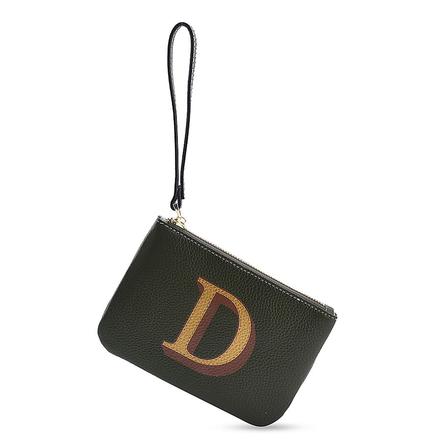 100% Genuine Leather Alphabet D RFID Protected Wristlet with Engraved Message on Back Side (Size 18x12 Cm) - Green