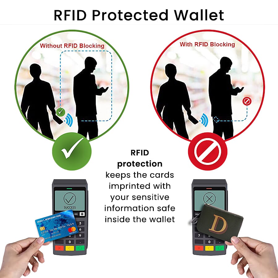 100% Genuine Leather Alphabet D RFID Protected Wristlet with Engraved Message on Back Side (Size 18x12 Cm) - Green