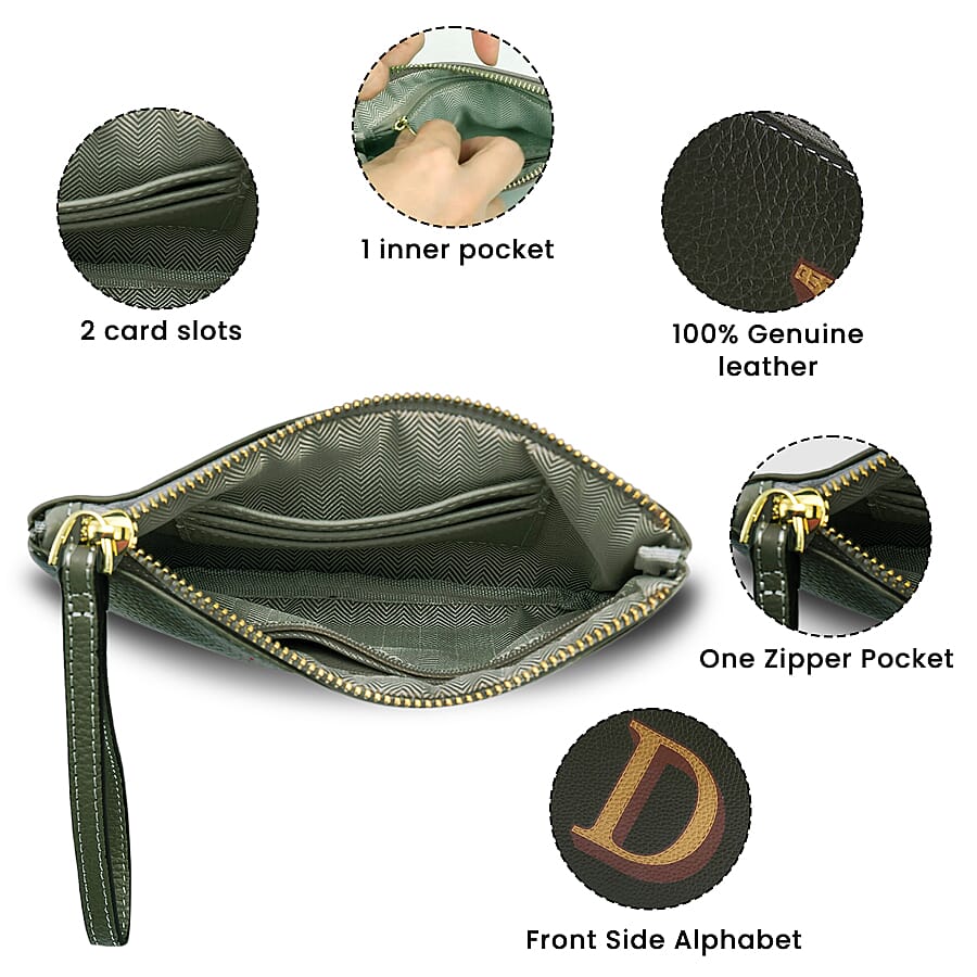 100% Genuine Leather Alphabet D RFID Protected Wristlet with Engraved Message on Back Side (Size 18x12 Cm) - Green