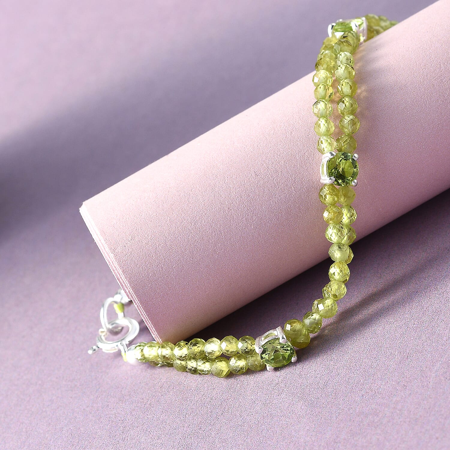 One Time Deal-Hebei Peridot Beads Bracelet (Size - 7.5) in Sterling Silver 27.68 Ct.