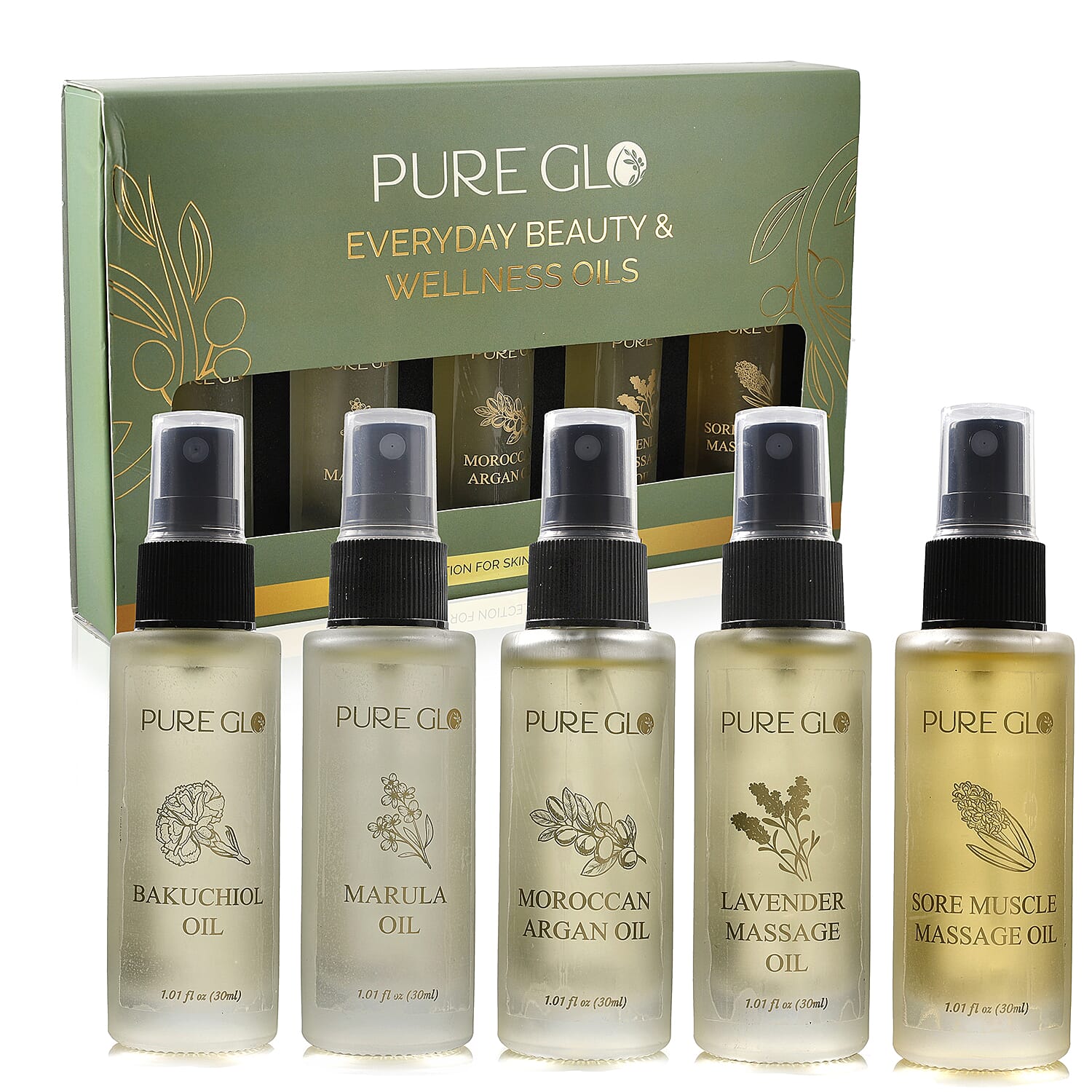 Pure Glo Set of 5 Oils - Travel Edition 2 of The Muscle Pain Relief Oils,1 Marula,1 Argan & 1 Bakuchi Oil (30ml each) Spray Bottles