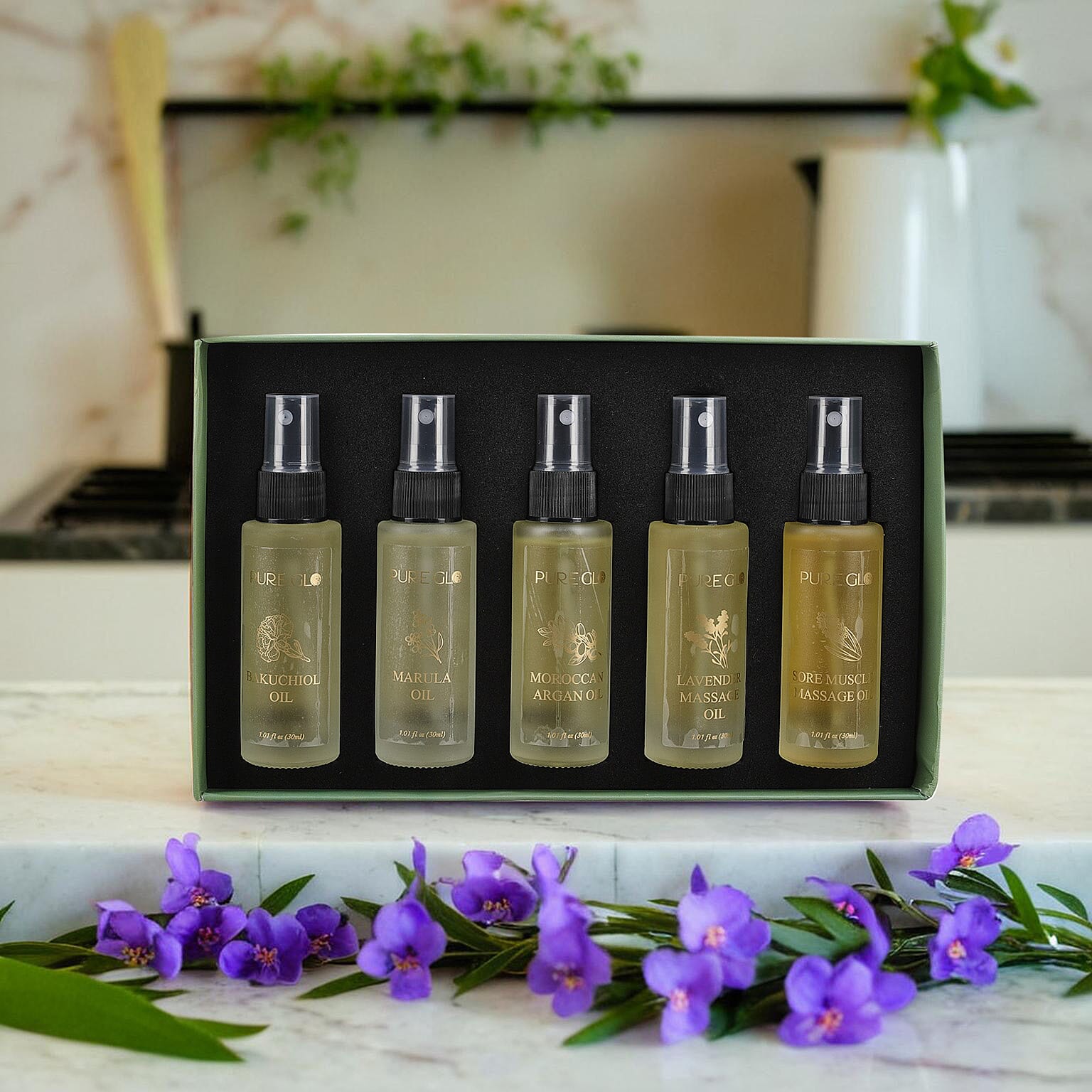 Pure Glo Set of 5 Oils - Travel Edition 2 of The Muscle Pain Relief Oils,1 Marula,1 Argan & 1 Bakuchi Oil (30ml each) Spray Bottles