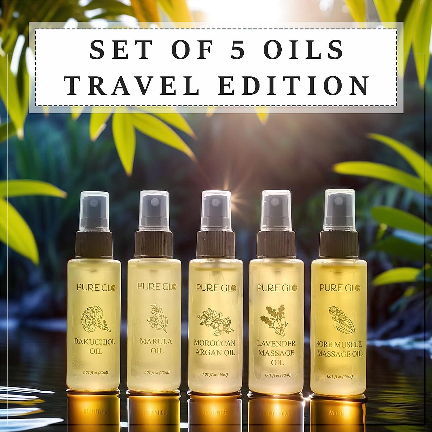 Pure Glo Set of 5 Oils - Travel Edition 2 of The Muscle Pain Relief Oils,1 Marula,1 Argan & 1 Bakuchi Oil (30ml each) Spray Bottles