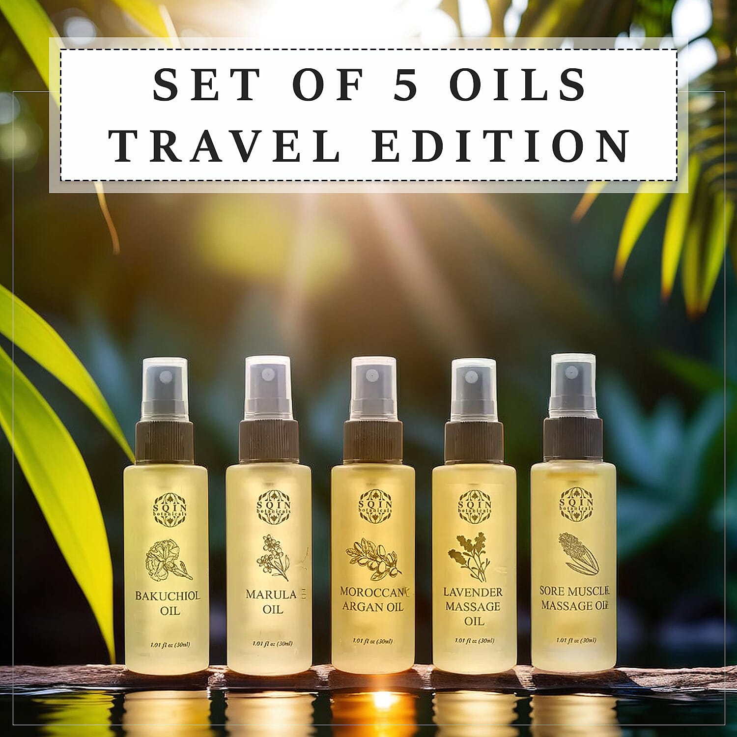 MEGA VALUE DEAL - Set of 5 Oils -1 Muscle Oil, 1 Lavender oil,  1 Marula oil, 1 Argan oil & 1 Bakuchiol Oil (30ml each) Spray Bottles