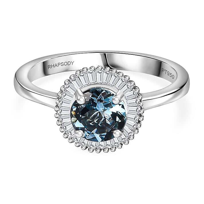 RHAPSODY 950 Platinum AAAA Santamaria Aquamarine, White Diamond VS Halo Ring 0.927 Ct.