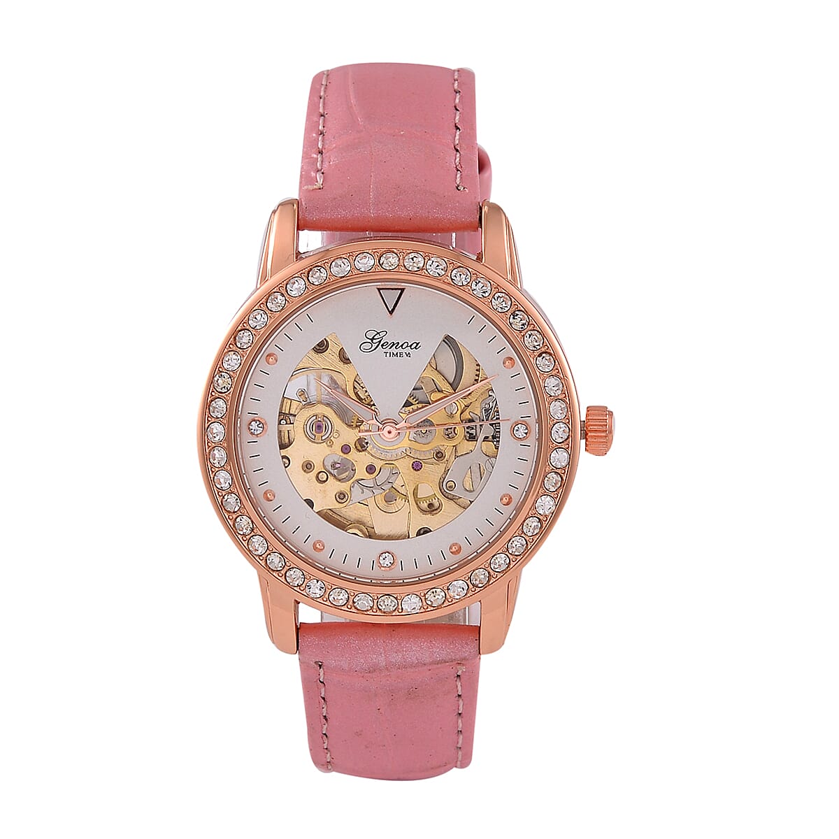 Designer Inspired - GENOA TIME V2-Automatic movement with White crystal & Leather strap- Pink