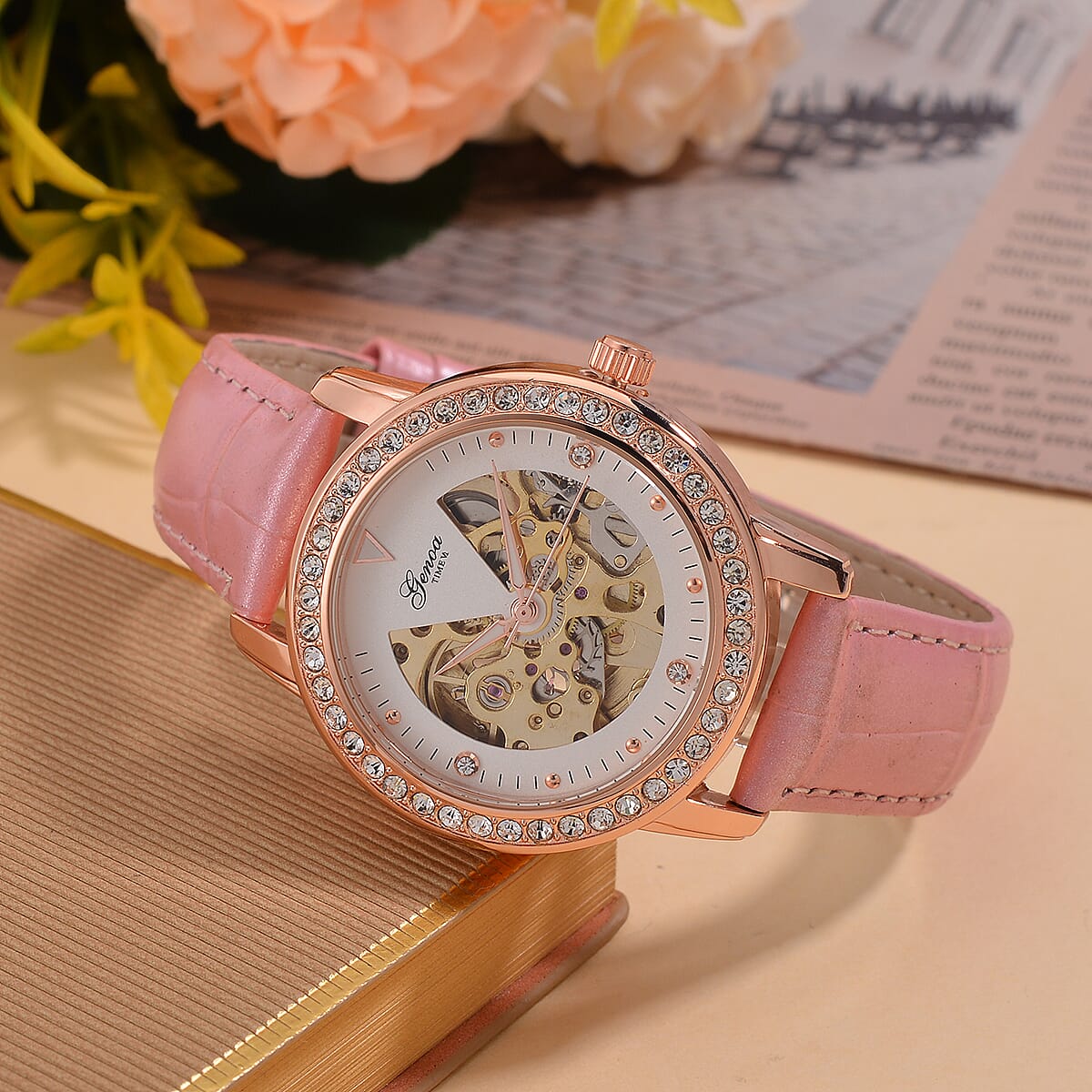 Designer Inspired - GENOA TIME V2-Automatic movement with White crystal & Leather strap- Pink