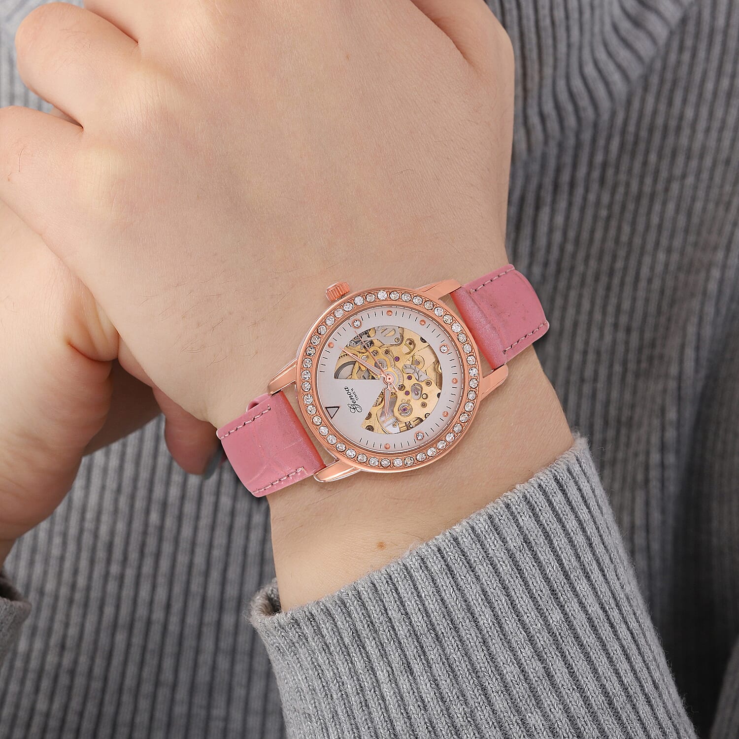 Designer Inspired - GENOA TIME V2-Automatic movement with White crystal & Leather strap- Pink