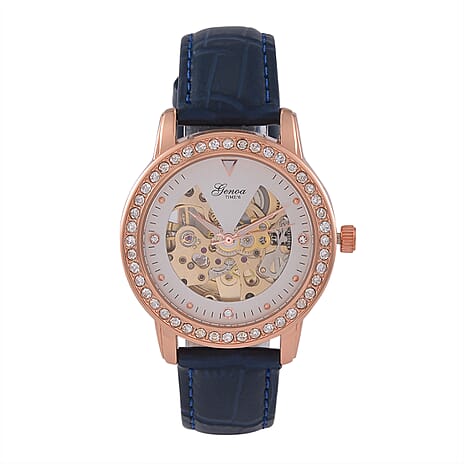 Designer Inspired - GENOA TIME V2-Automatic Movement with Swarovski Crystal & Leather strap- Blue