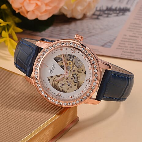 GENOA Automatic Movt. 3ATM WR White Dial Crystal Studded Watch with Blue Leather Strap