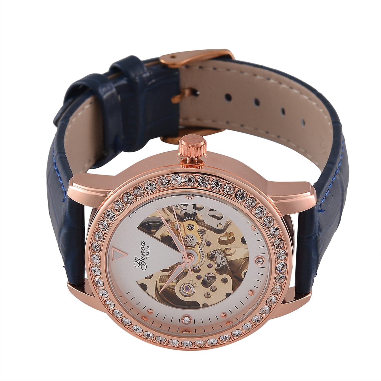 Designer Inspired - GENOA TIME V2-Automatic Movement with  Crystal & Leather strap- Blue