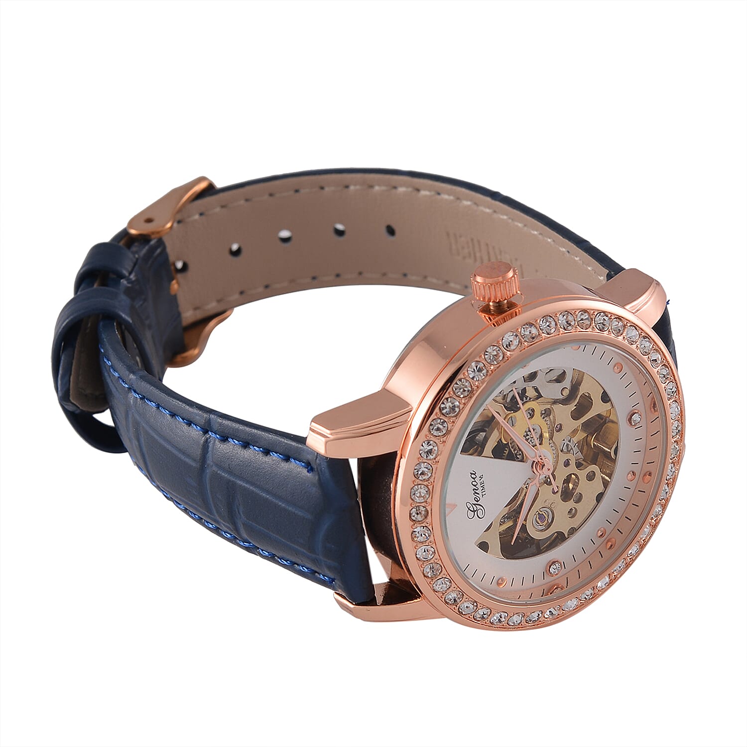 Designer Inspired - GENOA TIME V2-Automatic Movement with  Crystal & Leather strap- Blue