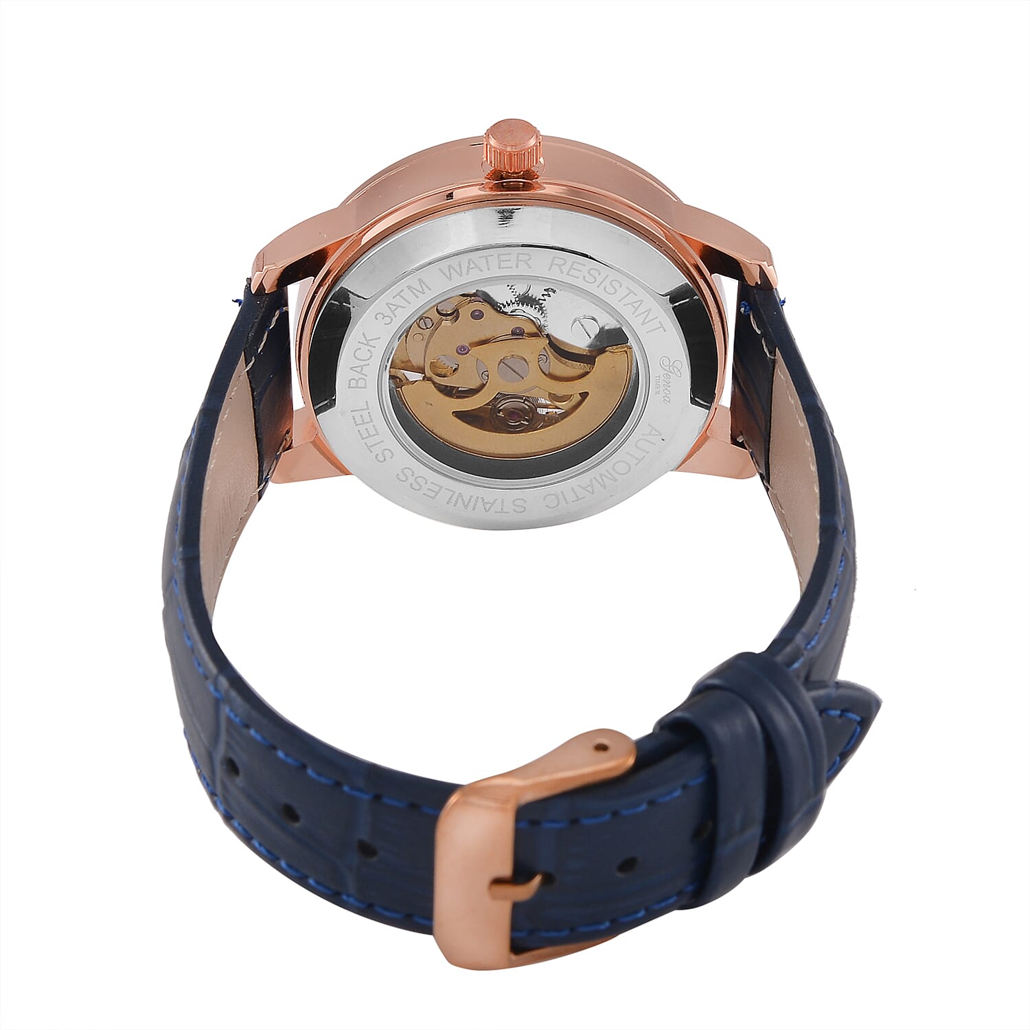 Designer Inspired - GENOA TIME V2-Automatic Movement with  Crystal & Leather strap- Blue